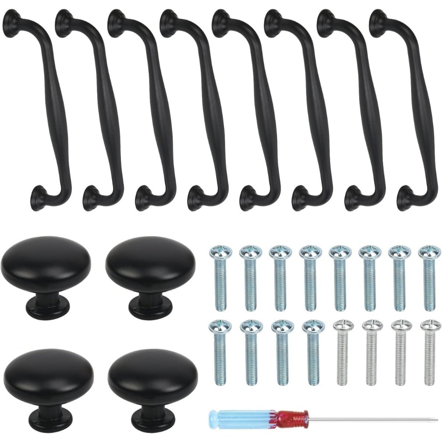 Main product image of 12-Piece Aluminum Alloy Handle Set: 146mm Black Pulls, 29mm Knobs with Screws