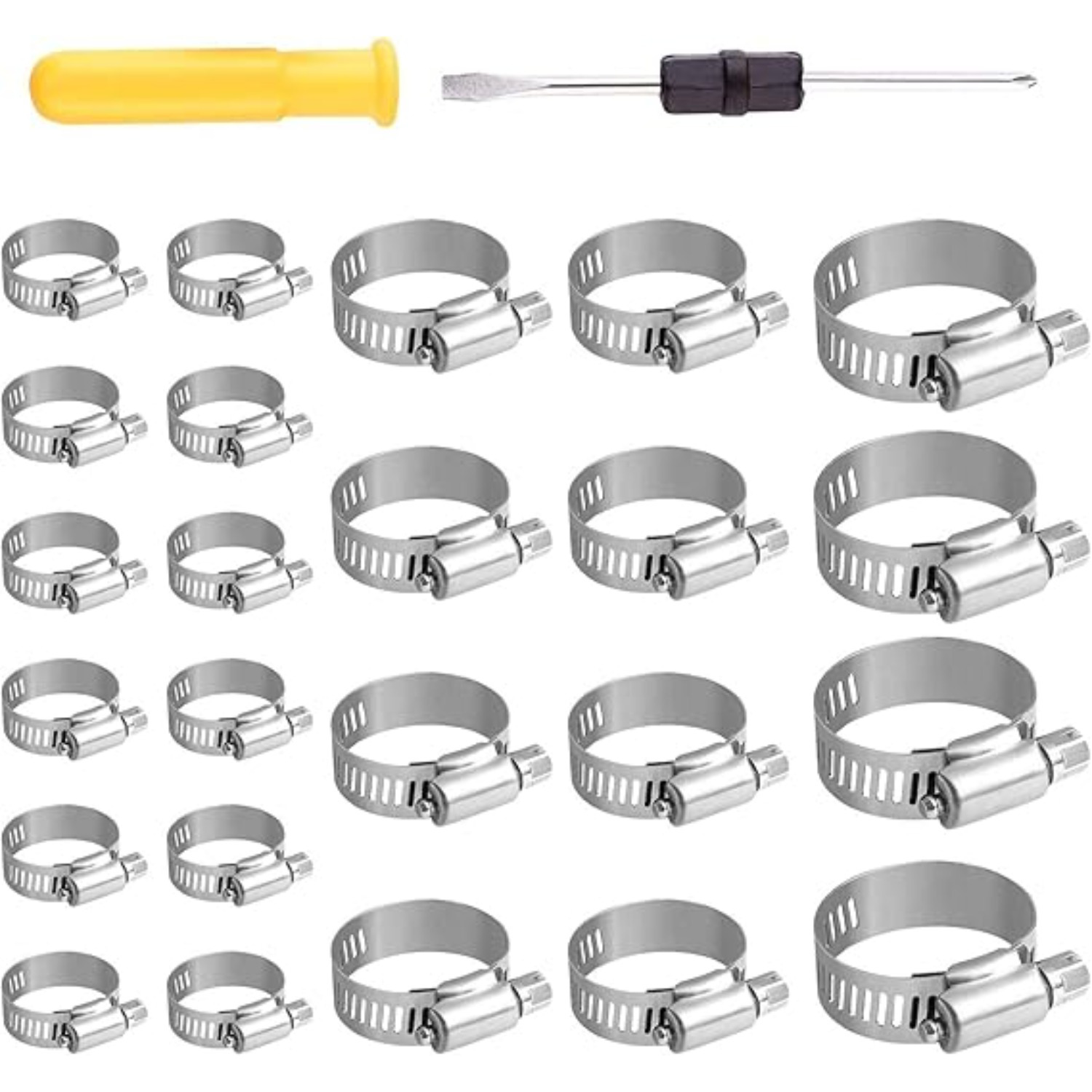 Main product image of 24-Piece Stainless Steel Hose Clamp Set for Pipes and Hoses, with Screwdriver