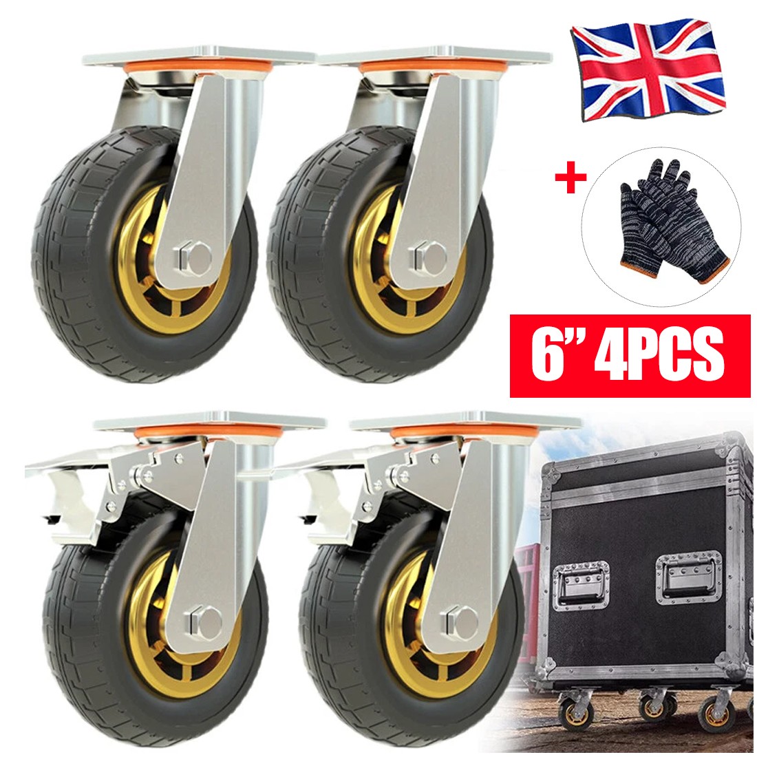 Main product image of 4-Pack 6 Inch Swivel Casters, 1650 lb Capacity, 2 With Brakes