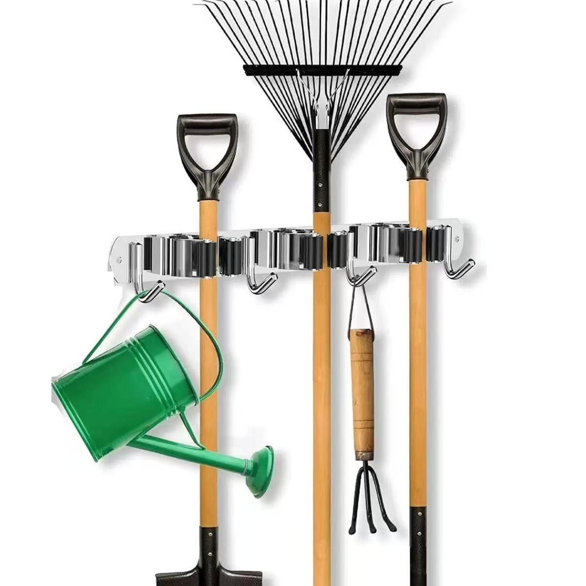 Main product image of Wall Mount Mop & Broom Holder, Stainless Steel, 3 Slots, 4 Hooks