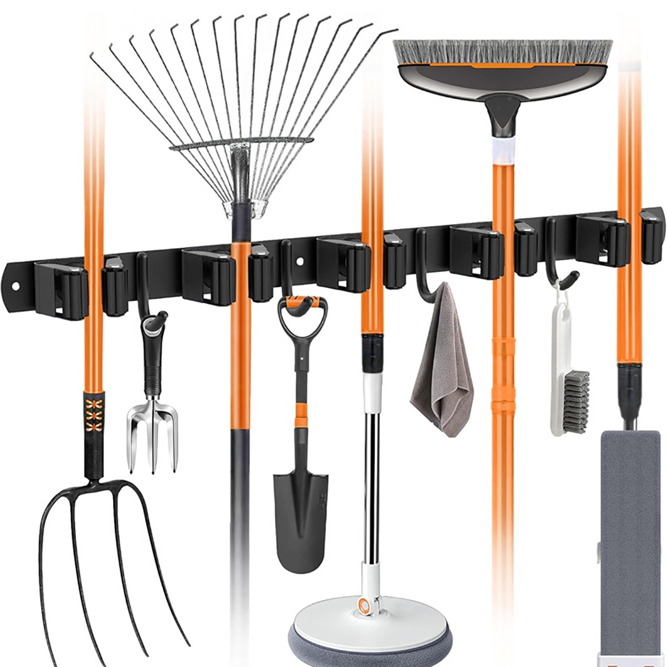 Main product image of Wall Mounted Broom Mop Holder Rack, 5 Tool Slots, 4 Utility Hooks