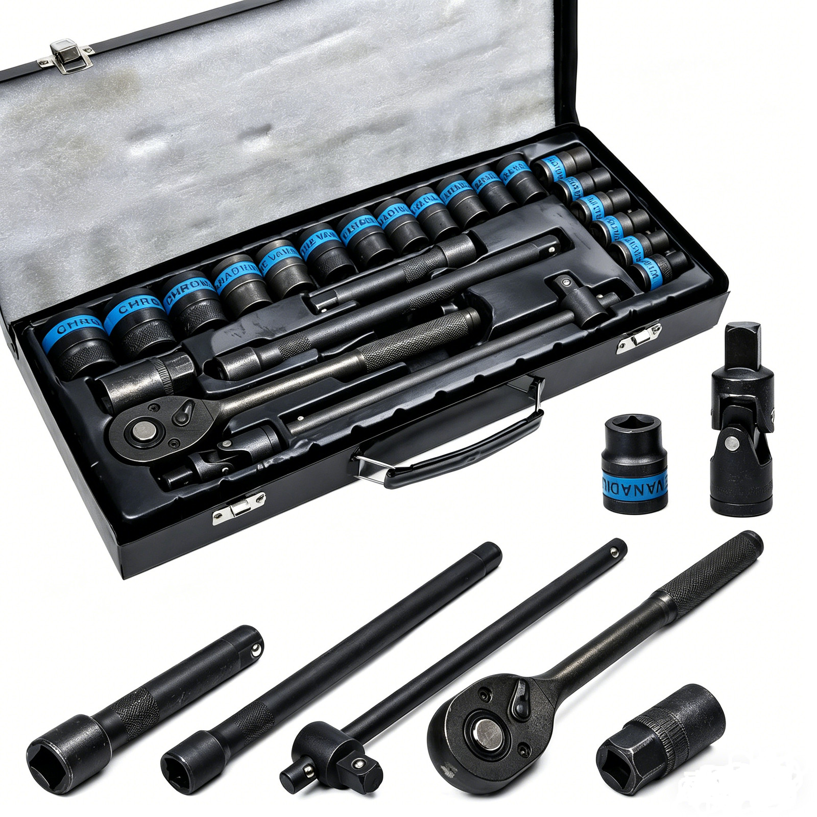 Main product image of 1/2 inch Drive Ratchet Wrench and 8-32mm Metric Socket Set, Metal Case
