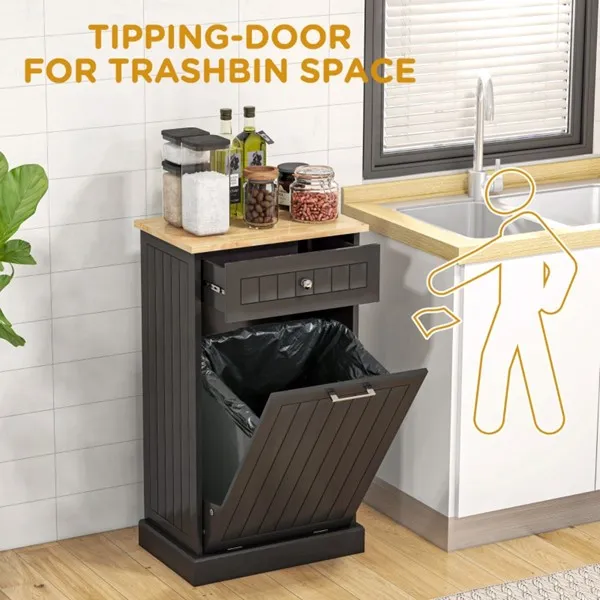 Main product image of Kitchen Tilt Out Trash Bin Cabinet Free Standing Recycling Cabinet Trash Can Holder With Drawer, Black-AS