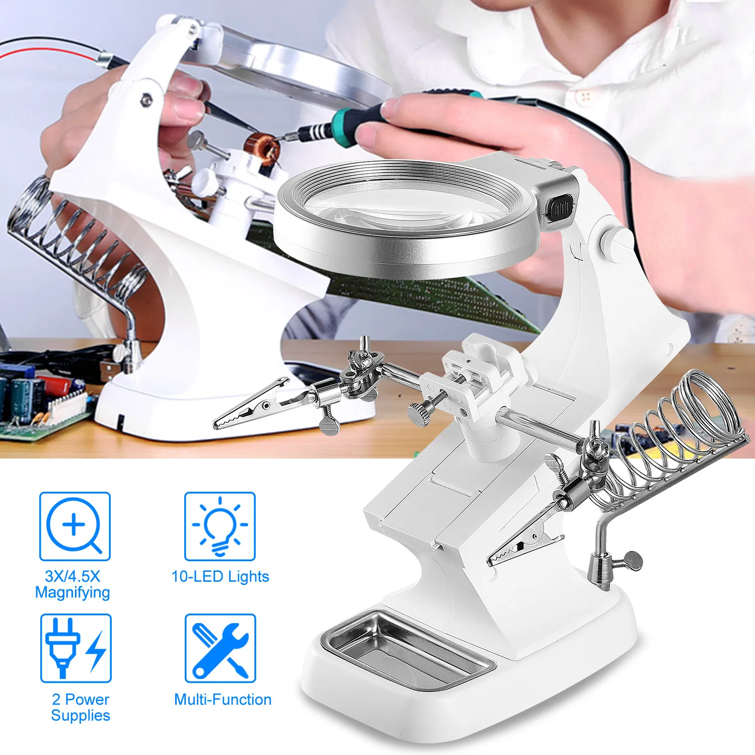 Main product image of LED Light Helping Hands Magnifying Glass 3X/4.5X w/ 360°Adjust Third Hand Soldering Vise