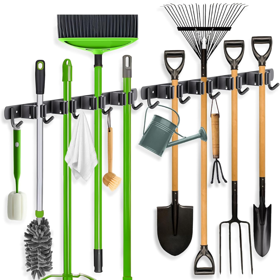 Main product image of 2 Pack Wall Mount Mop Broom Holder, 4 Racks, 5 Hooks, Black