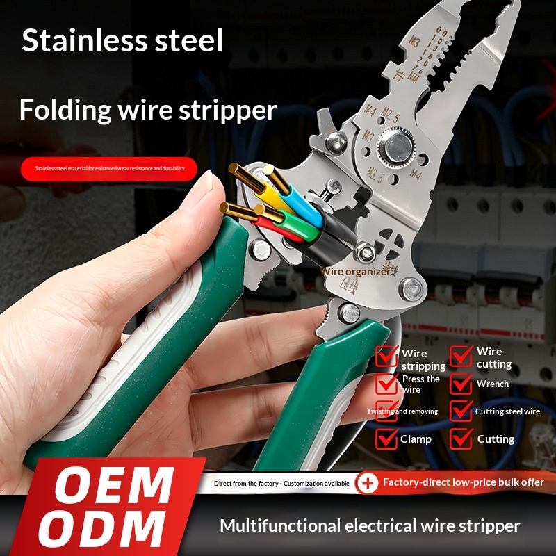 Main product image of Stainless Steel Foldable Multi-Function Electrician Wire Stripper Pliers For Stripping, Splitting, Twisting Wires, Nail Cutting, Wrenching, And Other Electrician Cutting Tools