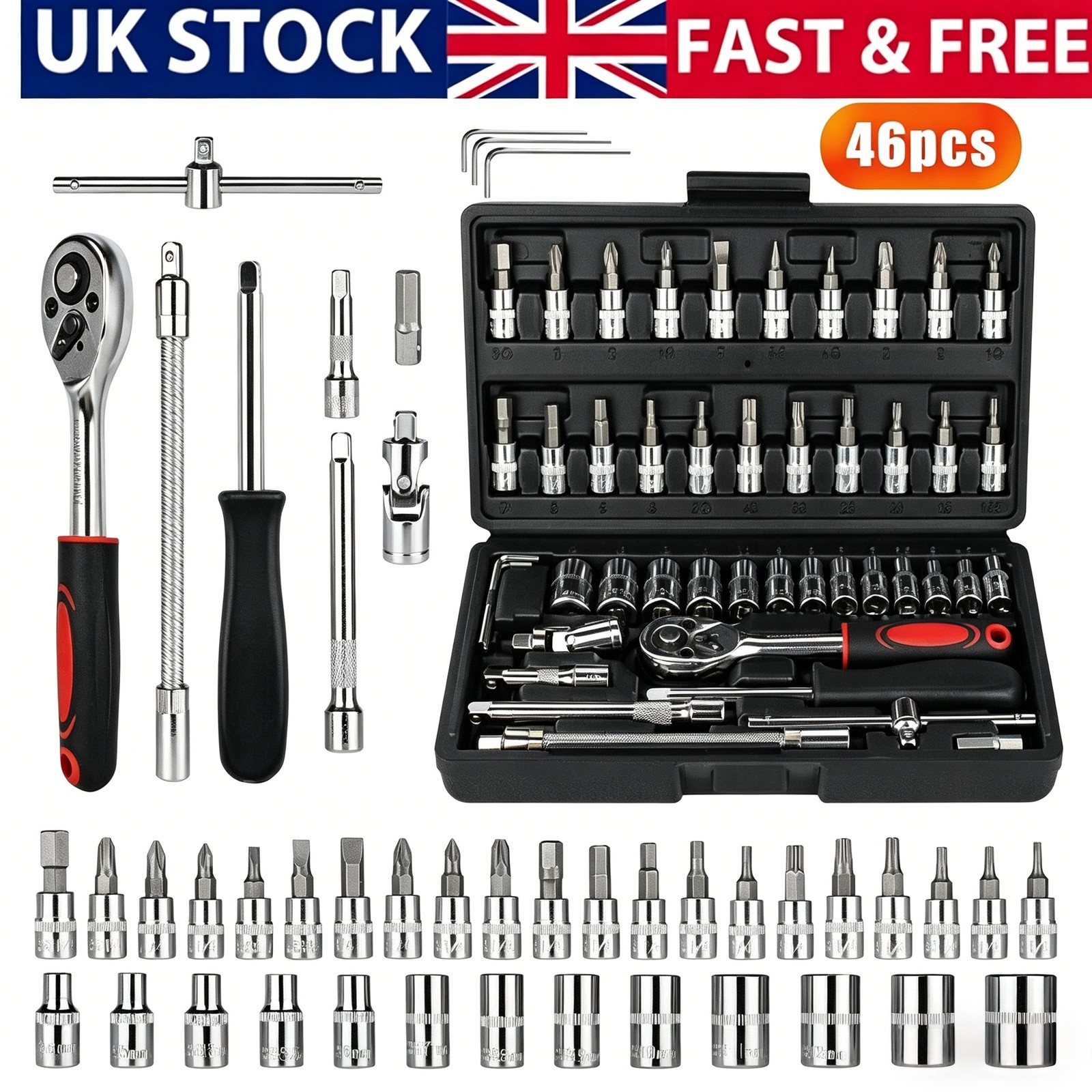 Main product image of 46-Piece 1/4" Drive Metric Socket, Ratchet & Bit Set with Case