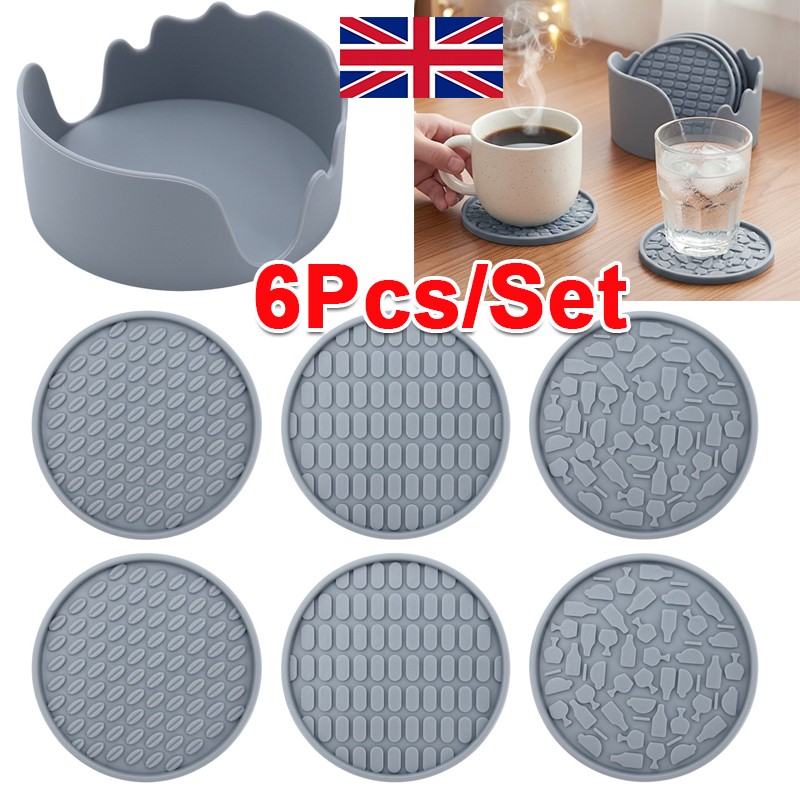 Main product image of Set of 6 Round Silicone Coasters with Holder, Non-Slip