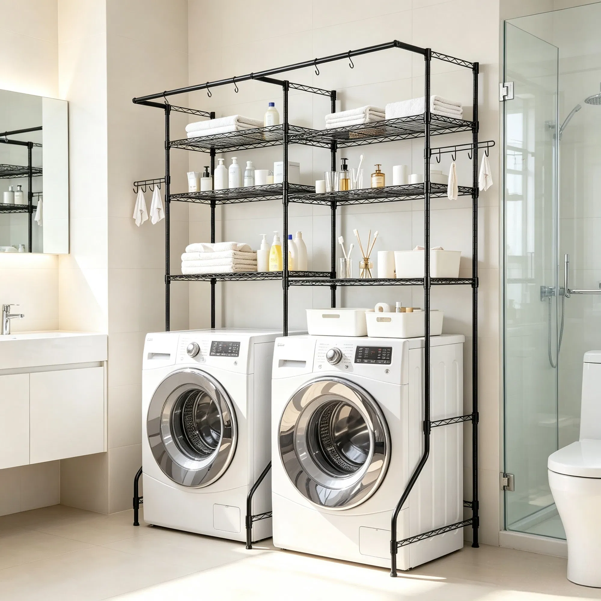 Main product image of 6-Tier Adjustable Over Washer Dryer Storage Shelves, Hanger Rod, Hooks