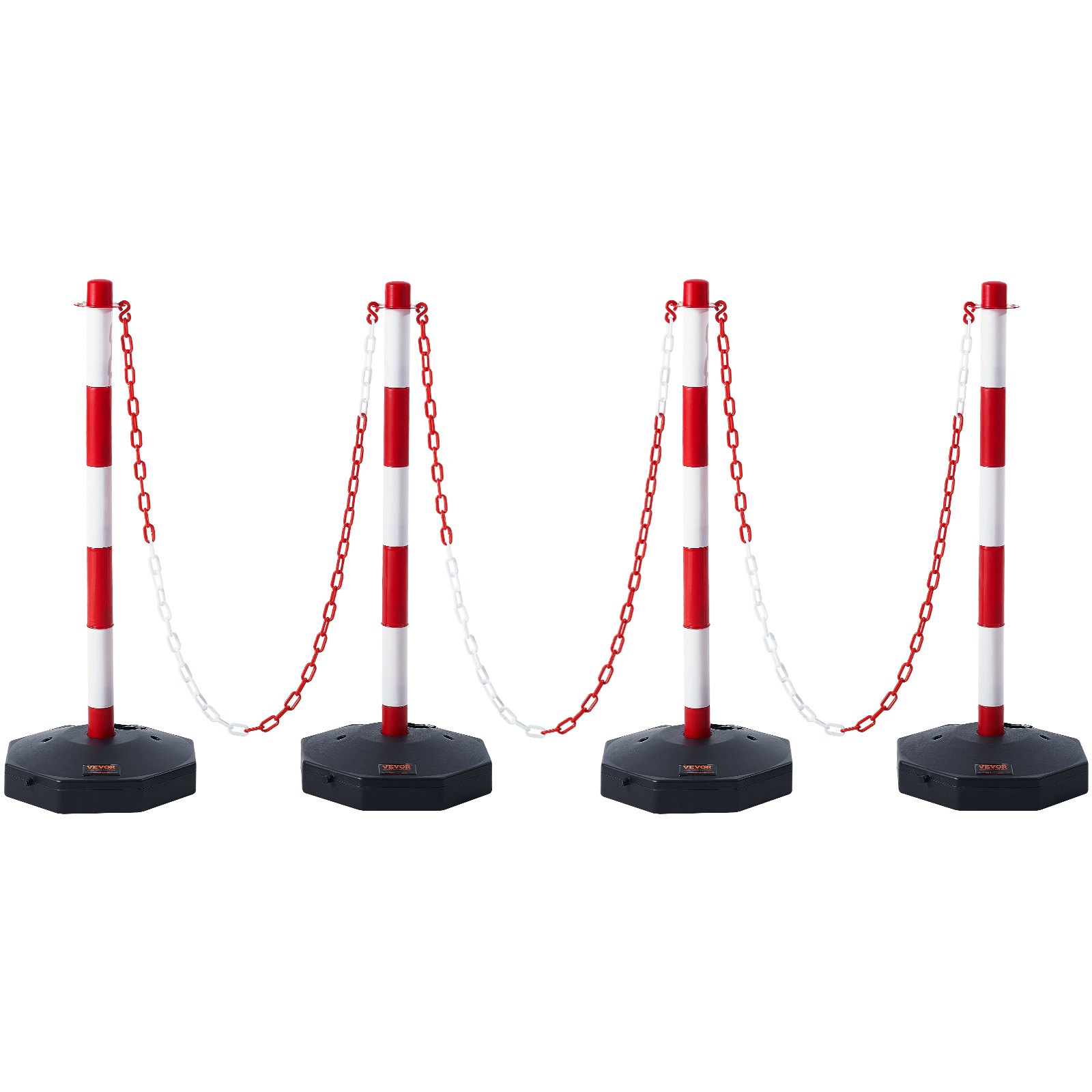 Main product image of Adjustable Traffic Delineator Posts, 4-Pack, Fillable Base, 2.44m Chain, Red/White