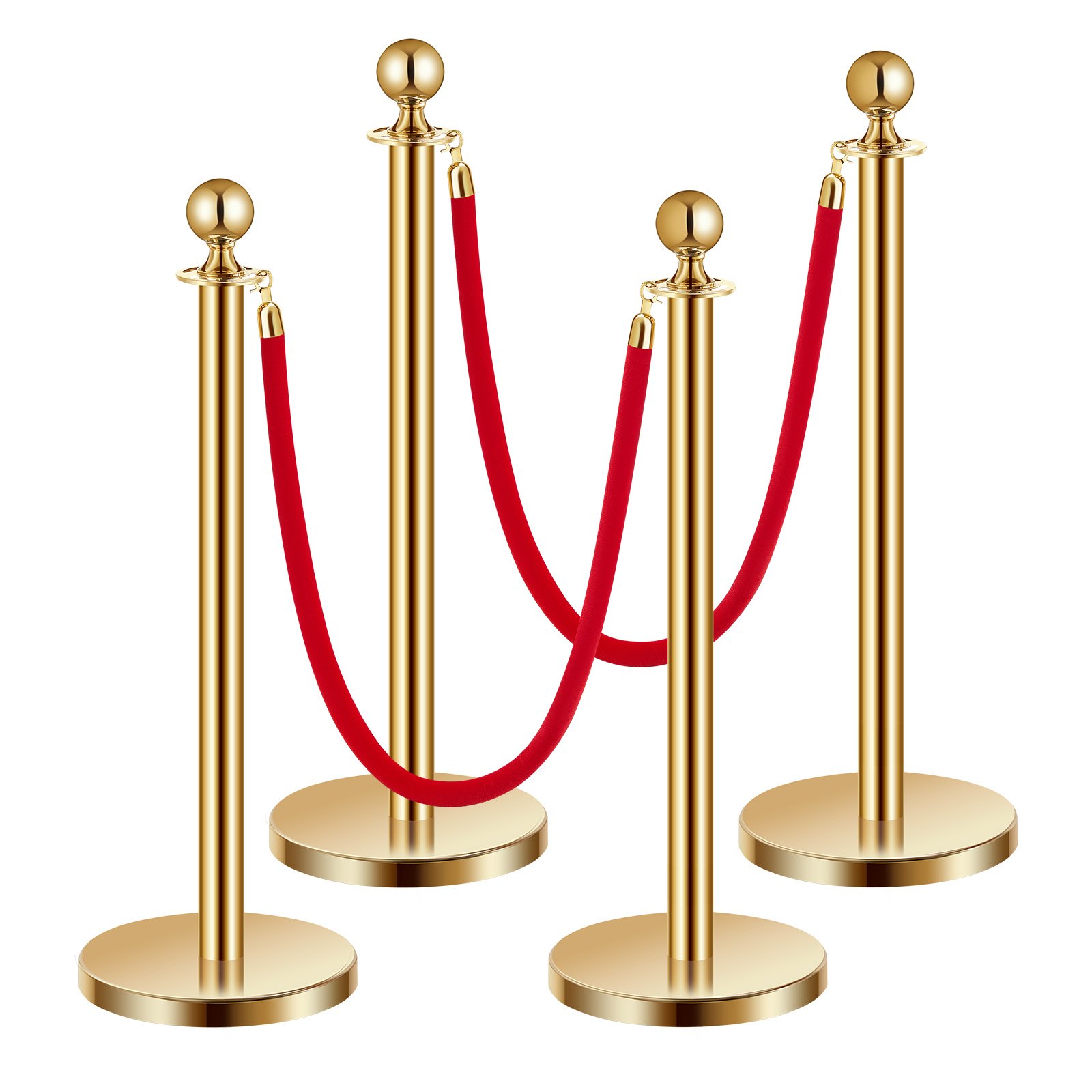 Main product image of 4-Piece Gold Stainless Steel Stanchion Set, 5 ft, with Sand-Fill Bases & 2 Red Velvet Ropes