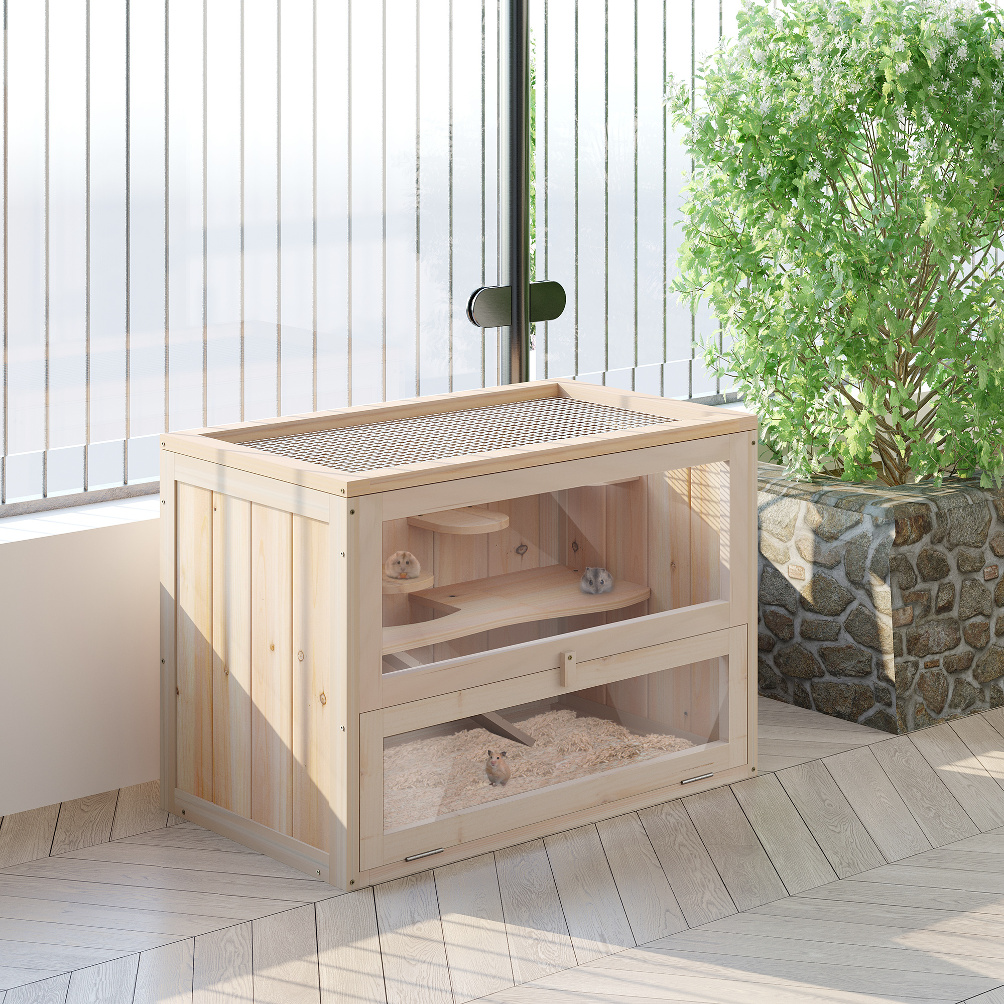 2-Level Hamster Cage Mice and Rat House, Small Animal Habitat for Guinea Pigs, Chinchillas with Openable Top, Front Door, Shelf and Ladder, Natural