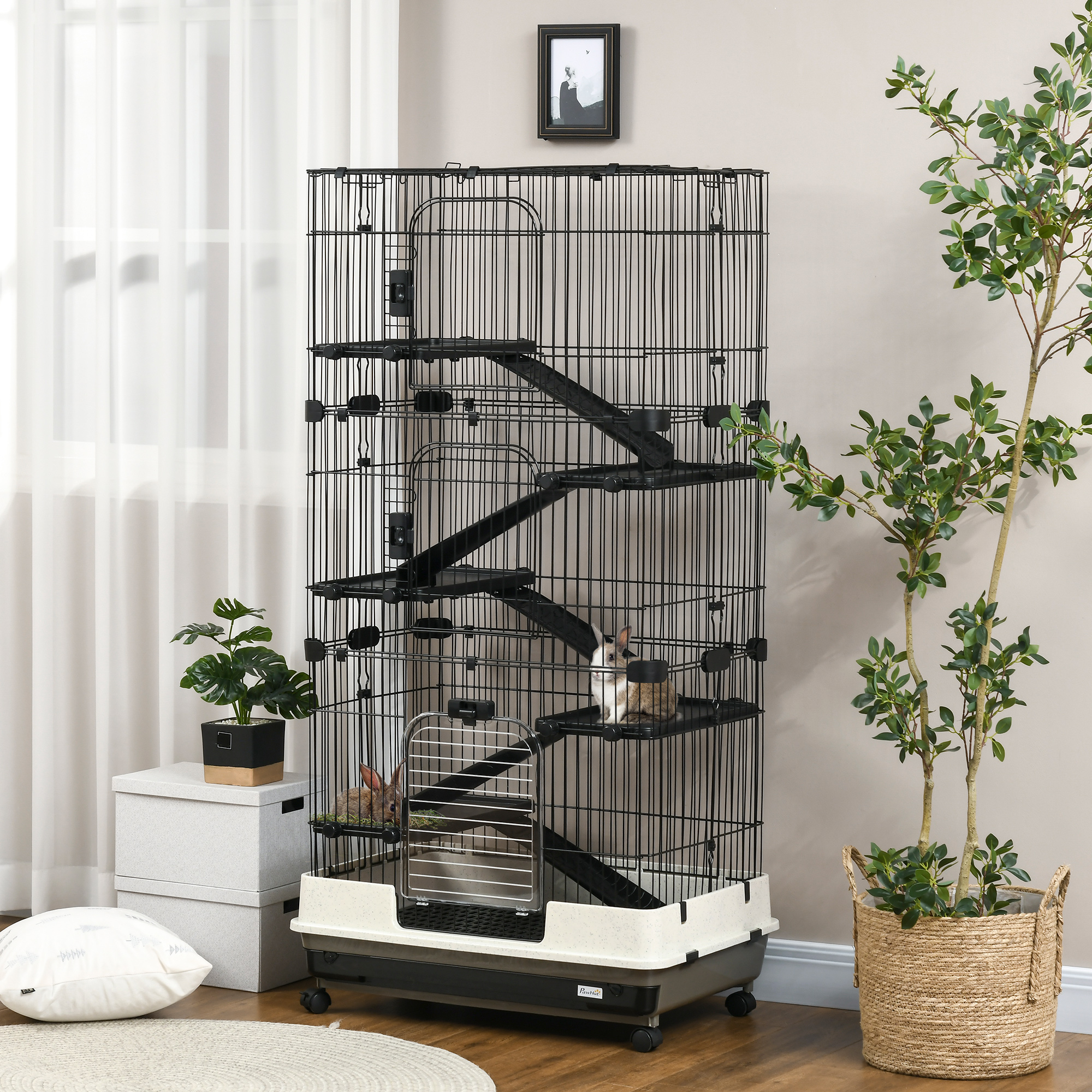 32"L 6-Level Small Animal Cage Rabbit Hutch with Universal Lockable Wheels, Slide-out Tray for Bunny, Chinchillas, Ferret, Black