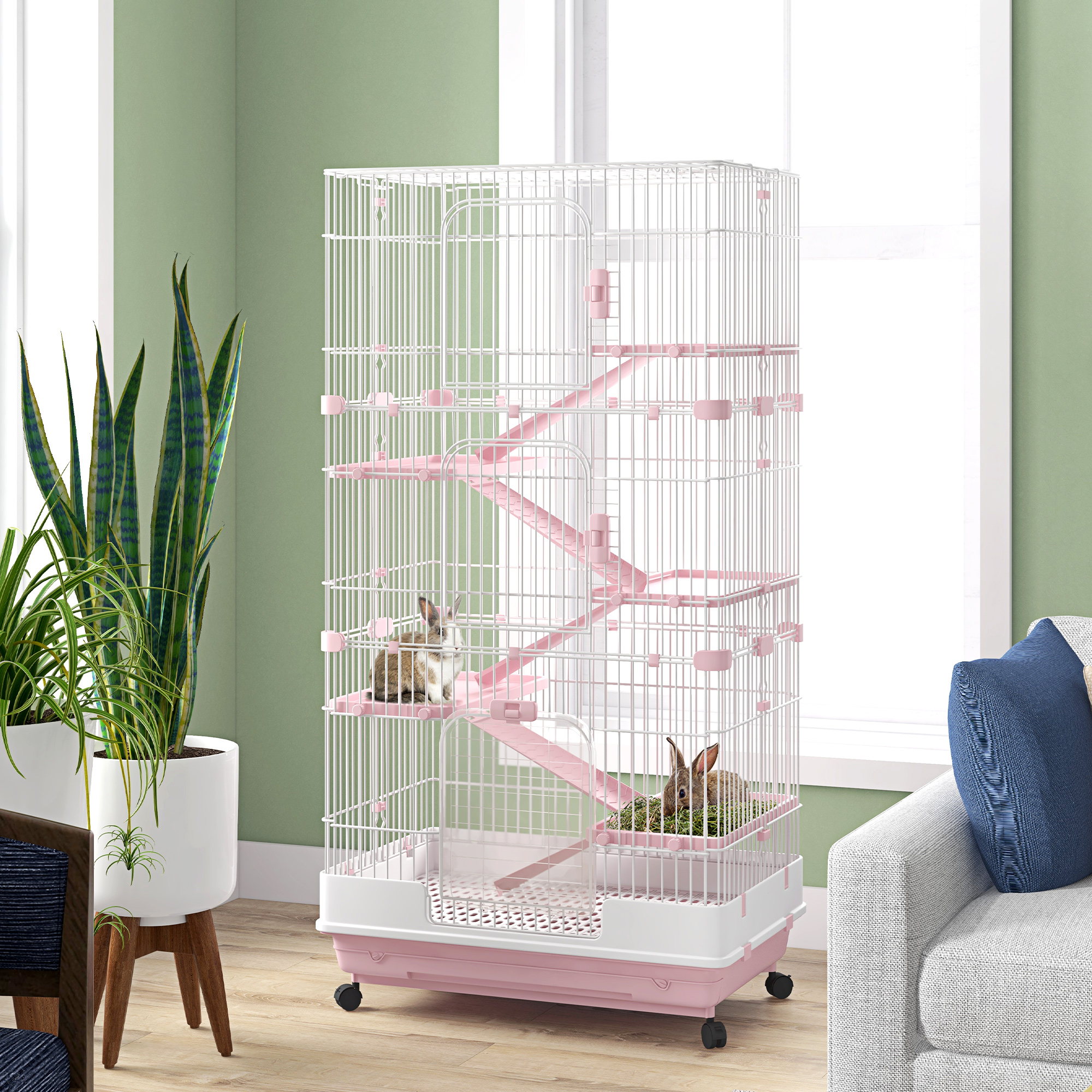 32"L 6-Level Small Animal Cage Rabbit Hutch with Universal Lockable Wheels, Slide-out Tray for Bunny, Chinchillas, Ferret, Pink