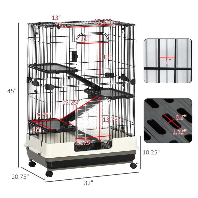 4-Level Small Animal Cage Rabbit Hutch With Universal Lockable Wheels, Slide-out Tray For Bunny, Chinchillas, Ferret, Black