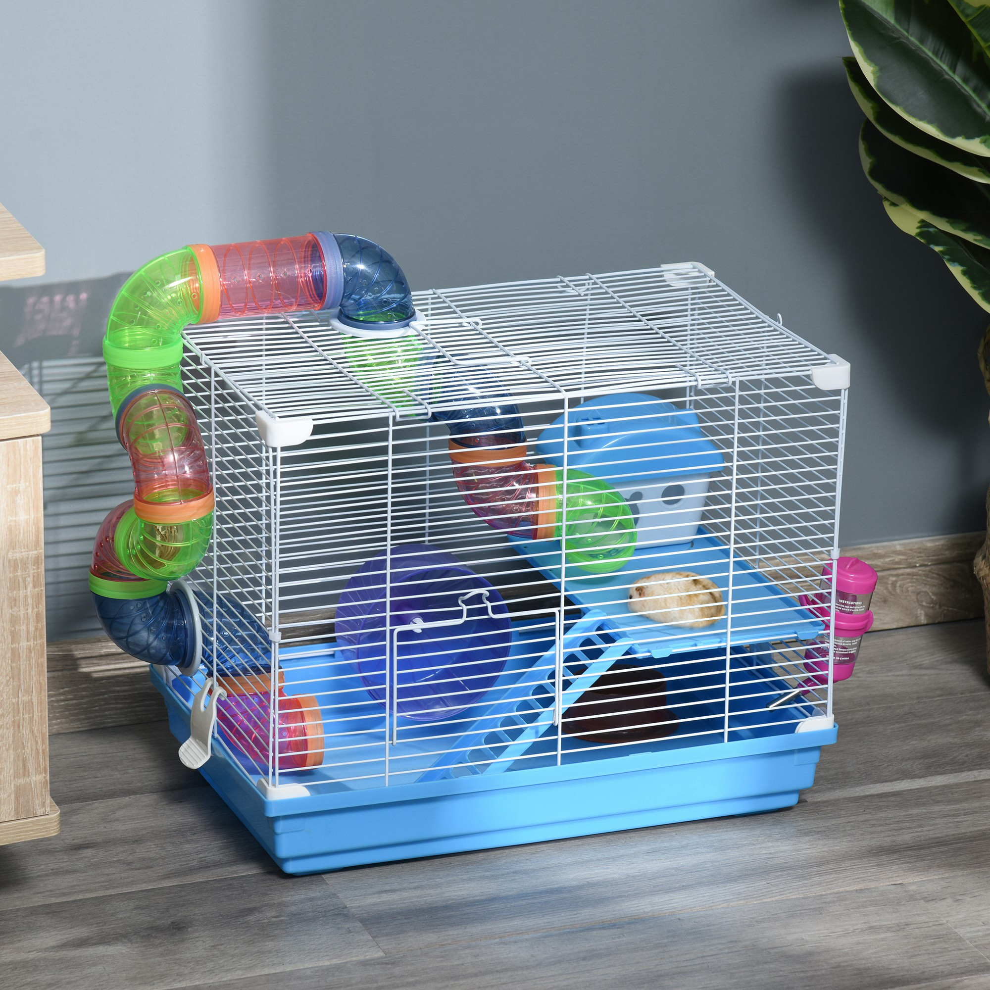 2-Level Hamster Cage Rodent Gerbil House Mouse Mice Rat Habitat Metal Wire with Exercise Wheel, Play Tubes, Water Bottle, Food Dishes, & Interior Ladder