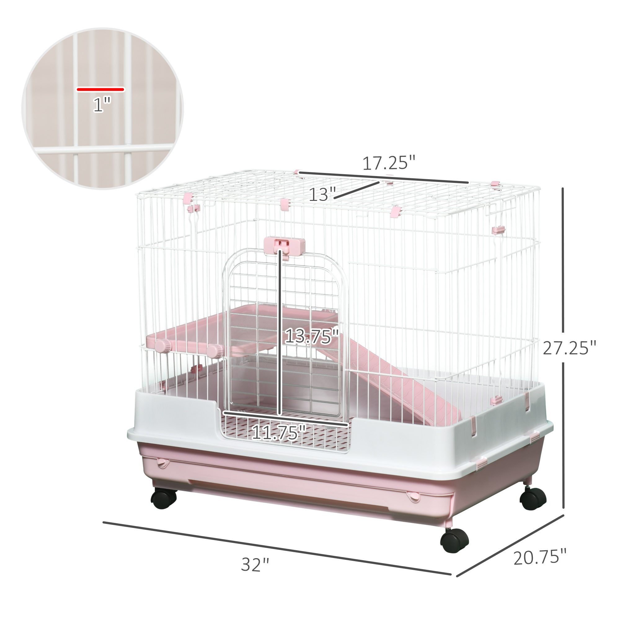 2-Level Small Animal Cage Rabbit Hutch With Wheels, Removable Tray, Platform And Ramp For Bunny, Chinchillas, Ferret, Pink