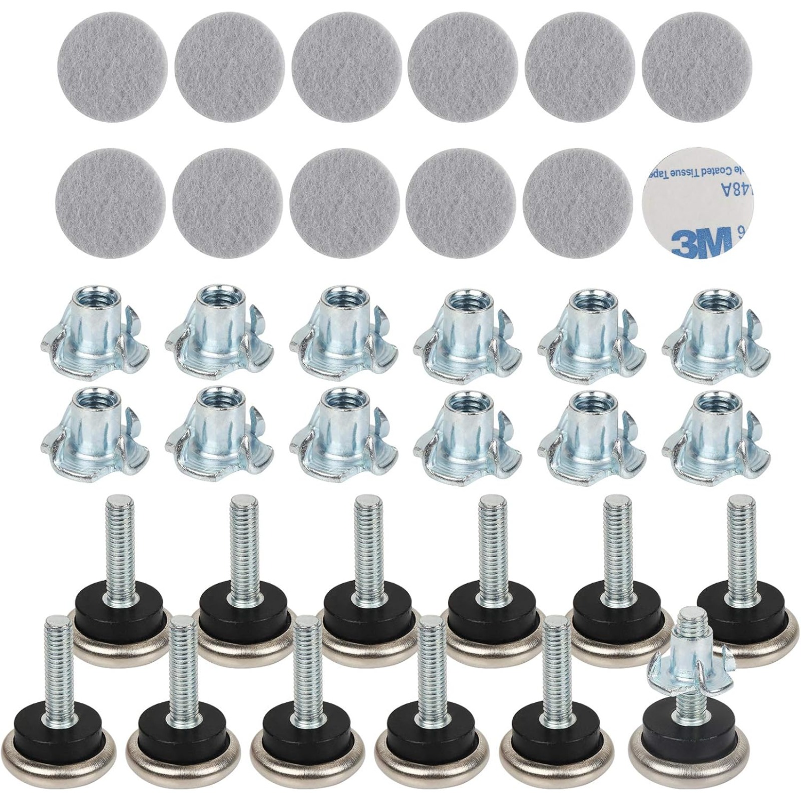 Main product image of Set Of 12 Height-Adjustable Furniture Feet: 12 Furniture Feet With Drive-In Nuts, 12 Self-Adhesive Felt Pads, M6 X 33 Mm Metal Adjustment Screw, Adjustable Screw For Tables And Chairs