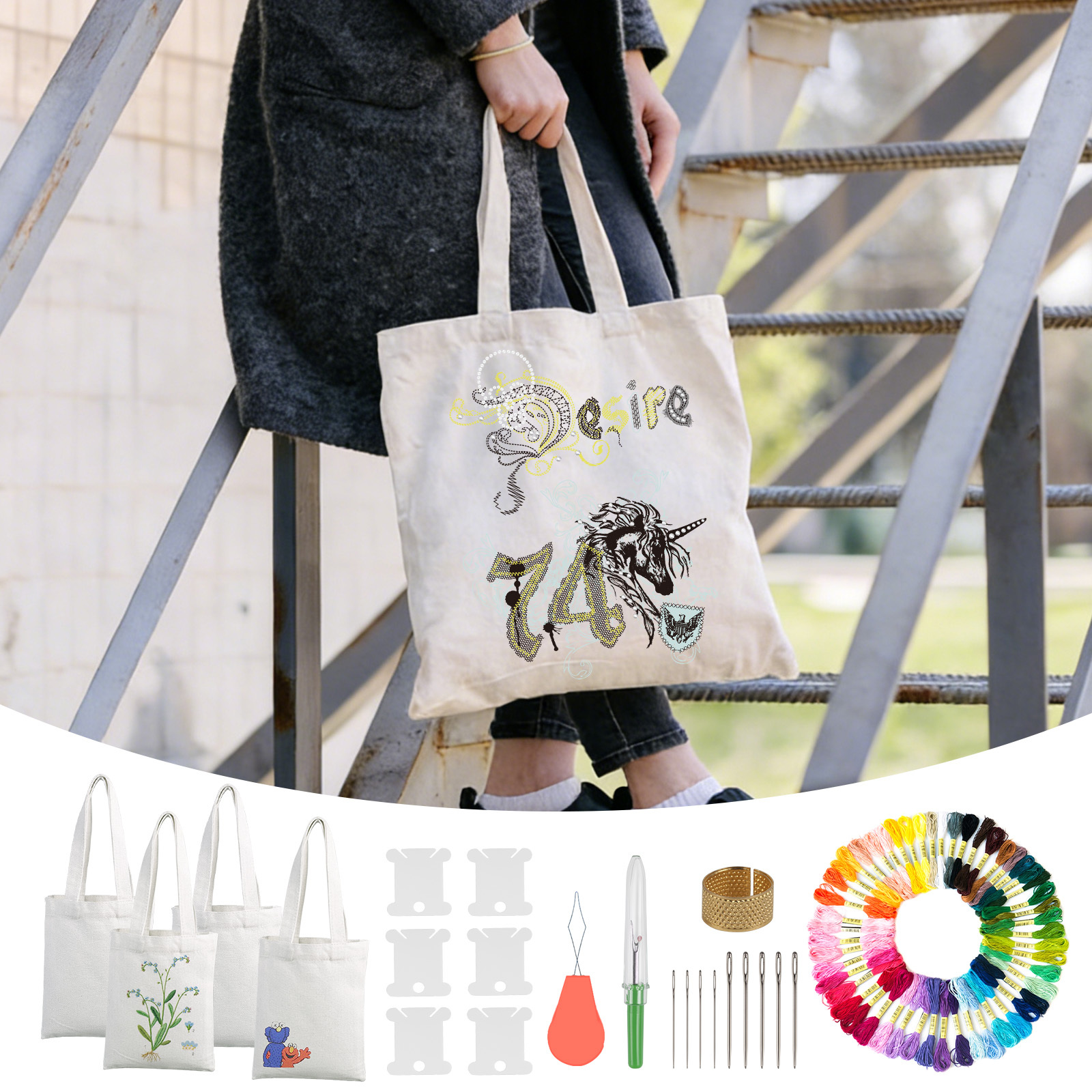 Main product image of 4 White Tote Bags with Embroidery Floss Set