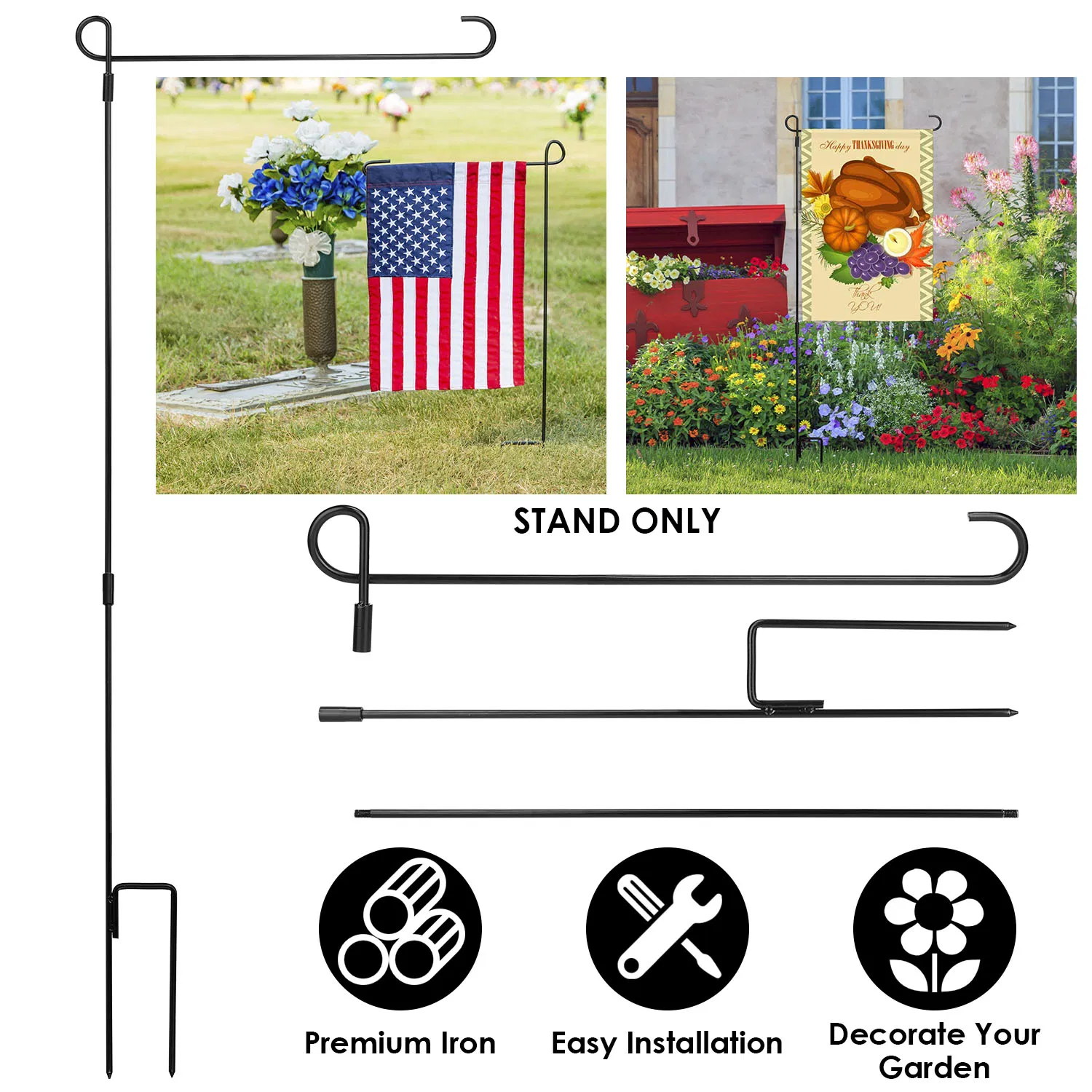 Main product image of Garden Flag Stand Flagpole Weatherproof Wrought Iron Coated Yard Flag Holder For Yard Flag Party Banner Fits 11.8x17.7in Flag