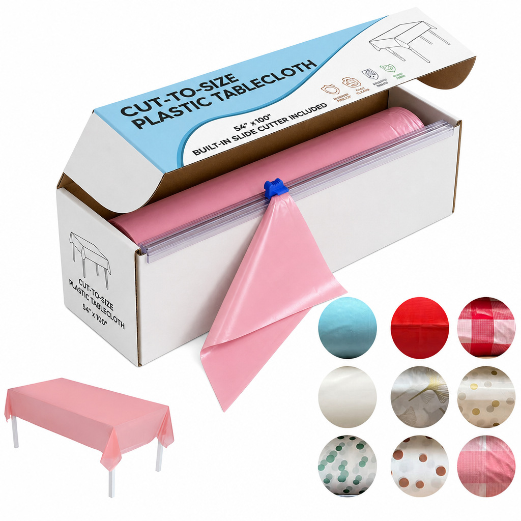 Main product image of Disposable Waterproof Plastic Tablecloth Roll, 54 In x 98 Ft, With Cutter