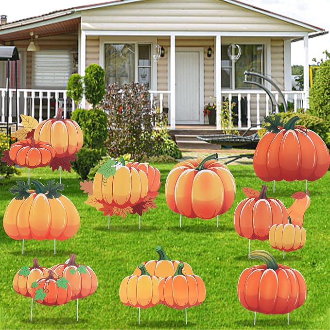 Main product image of Set of 9 Fall Pumpkin Yard Signs with Stakes, Outdoor Lawn Decor