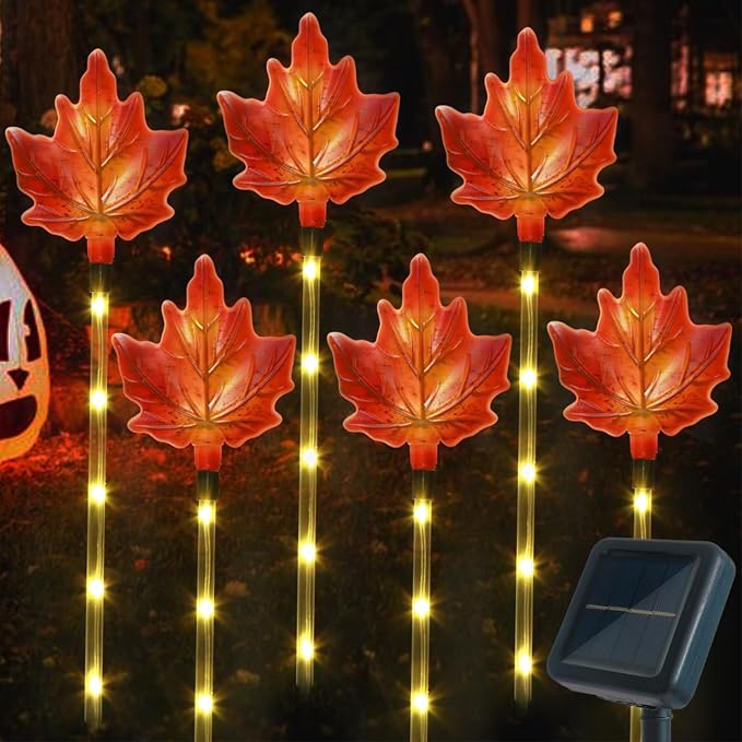 Main product image of 6-Pack Solar Maple Leaf Garden Stake Lights, Fall Decor