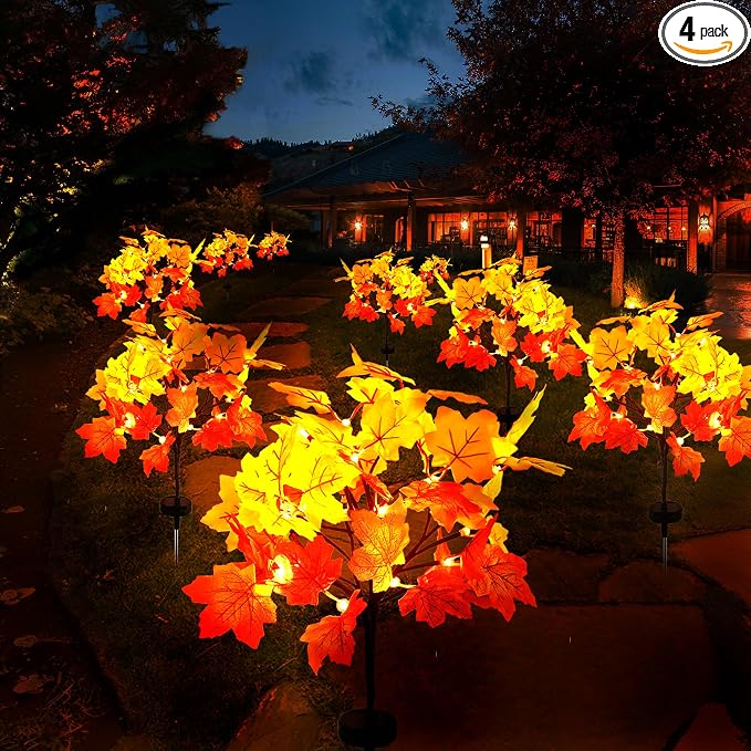 Main product image of 4-Pack Solar Maple Leaf Lights, 80 LED Orange Fall Garden Decor