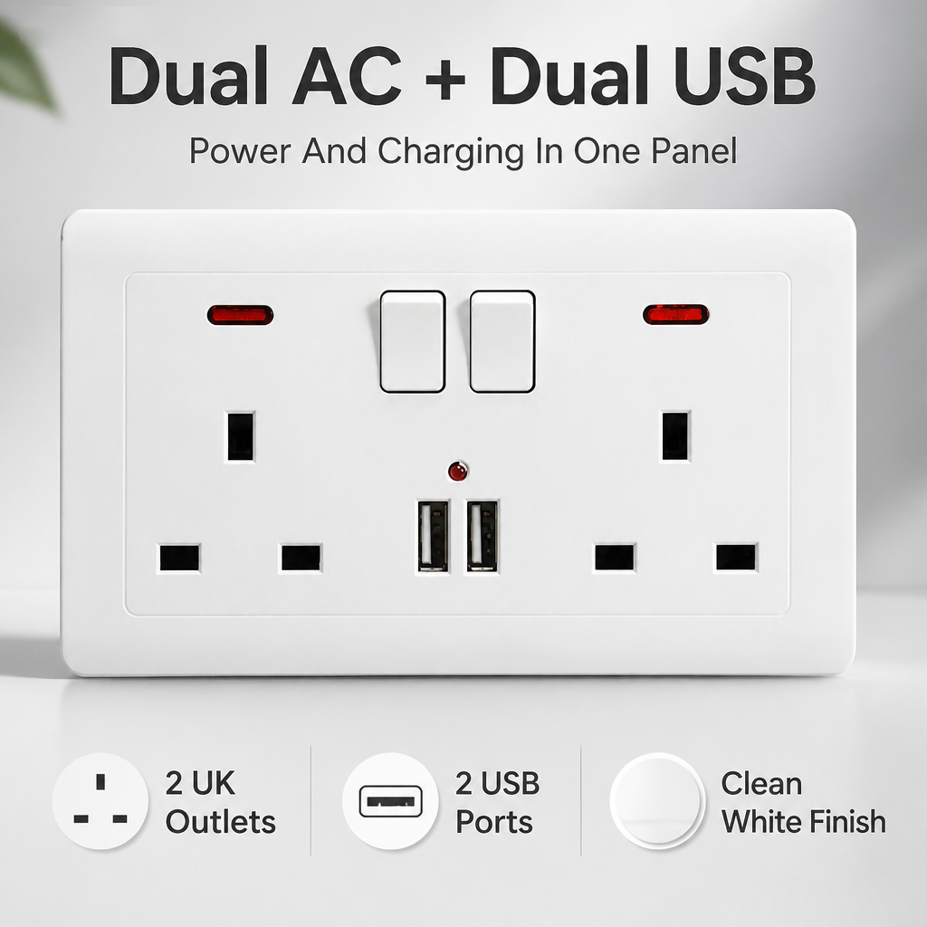 Double Wall Plug Socket 2 Gang 13A W  2 Charger USB  Outlets Flat Plate UK