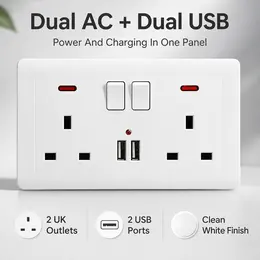 Double Wall Plug Socket 2 Gang 13A W  2 Charger USB  Outlets Flat Plate UK