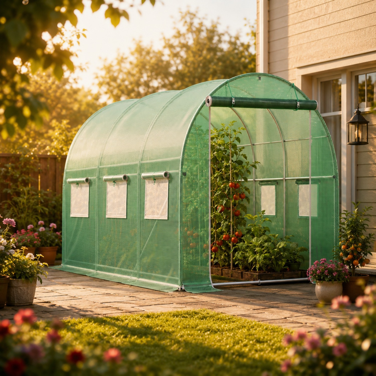 Main product image of 3x2x2m Green Plastic Film Greenhouse Rollable Side Curtain, 2 Zipper Doors, 6 Mesh Windows, Support Poles & Reinforced Extended Edges, UV Resistant, Winter-Ready For Growing Tomatoes