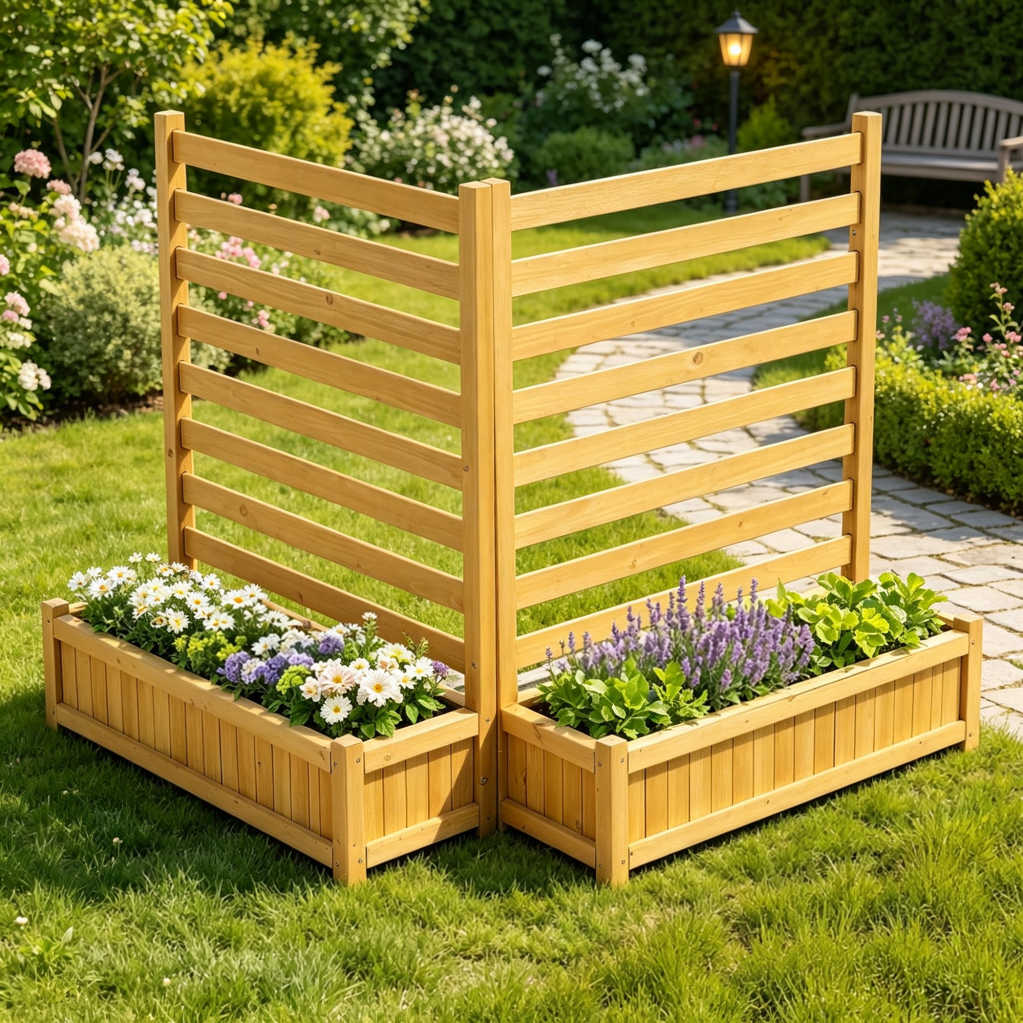 Main product image of 36x45 in Wooden Privacy Screen with 2 Planters, Metal Stakes