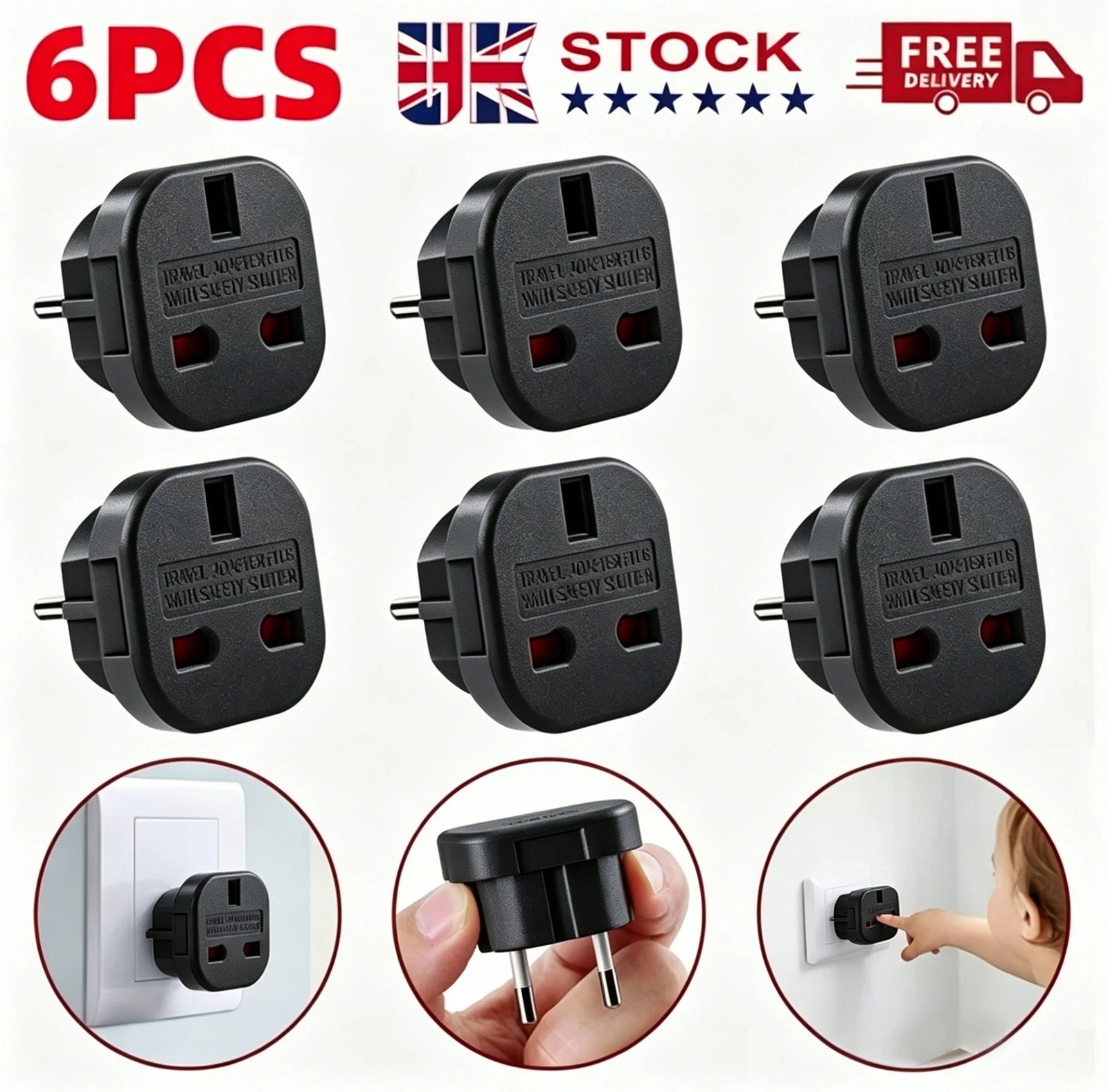 6X Black UK To EU Travel Adaptor Europe European Plug Adapter UK 3 Pin To 2 Pin