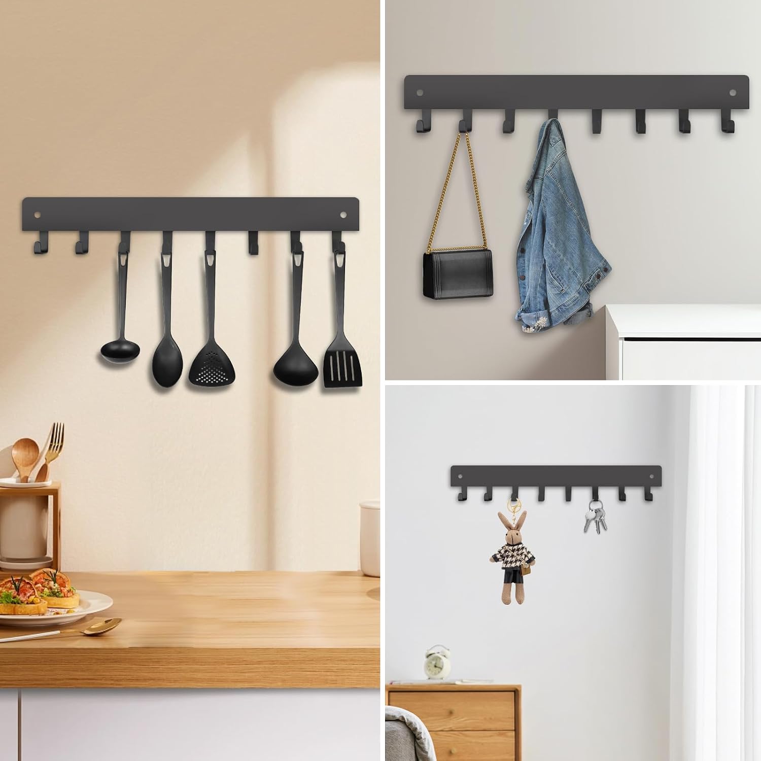 Main product image of 2-Pack Self-Adhesive Wall Key Holders, 8 Hooks, Grey