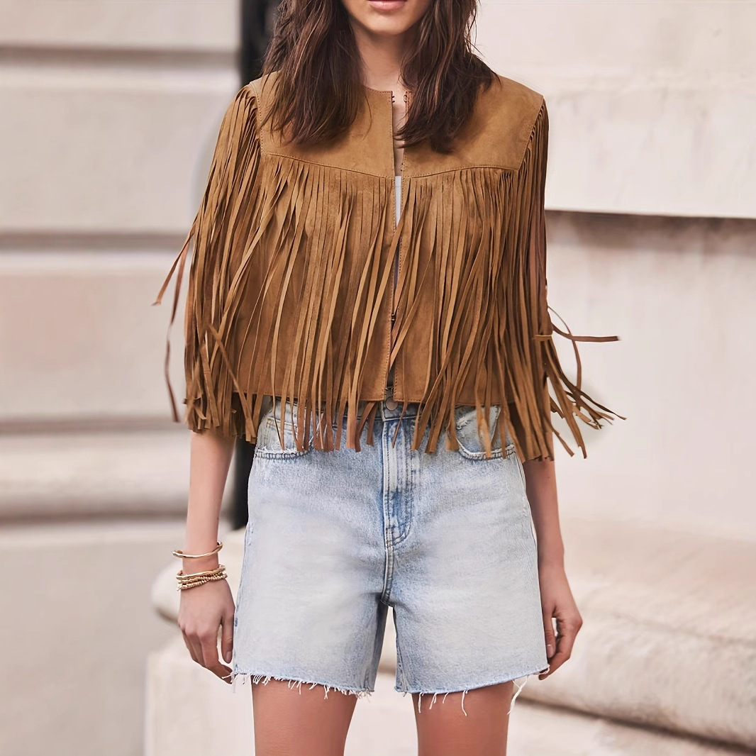 Women's Loose Temperament Tassel Sleeveless Short Jacket Solid Color Top
