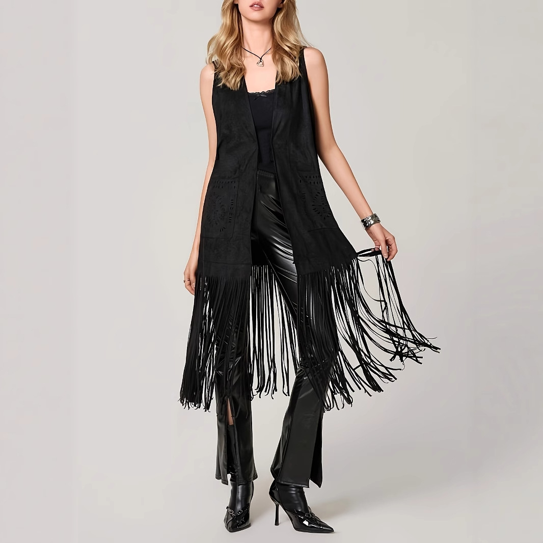 Women's Western Cowboy Style Long Tassel Sleeveless Front Open Jacket