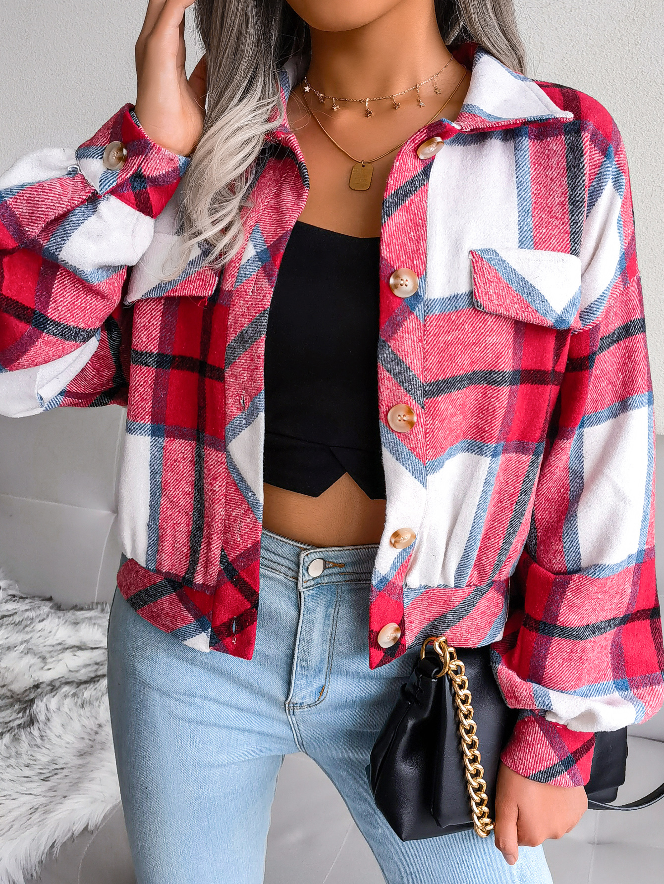 Plaid Lantern Sleeve Wool Coat Jacket