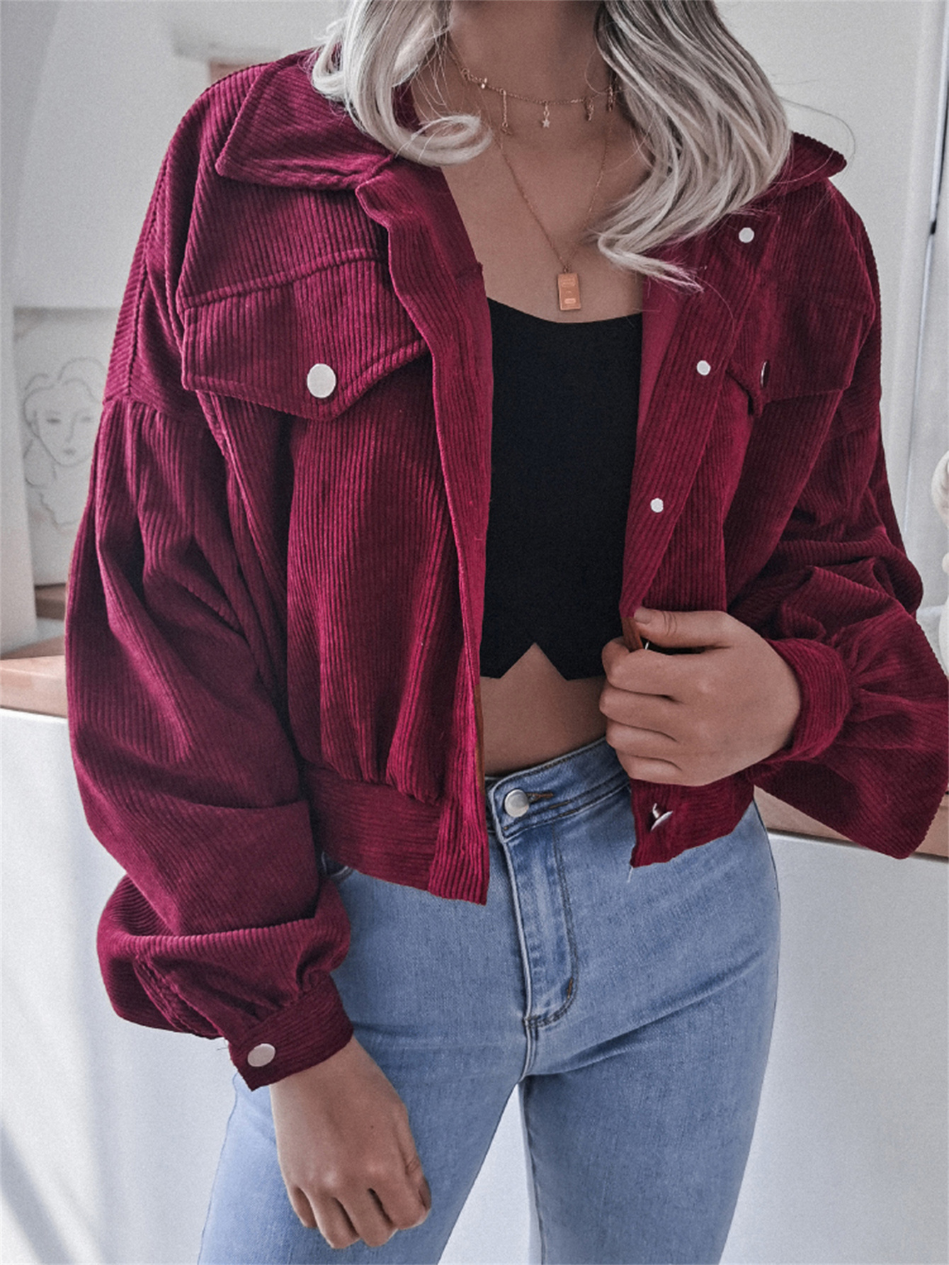 Lantern Sleeve Corduroy Casual Short Jacket
