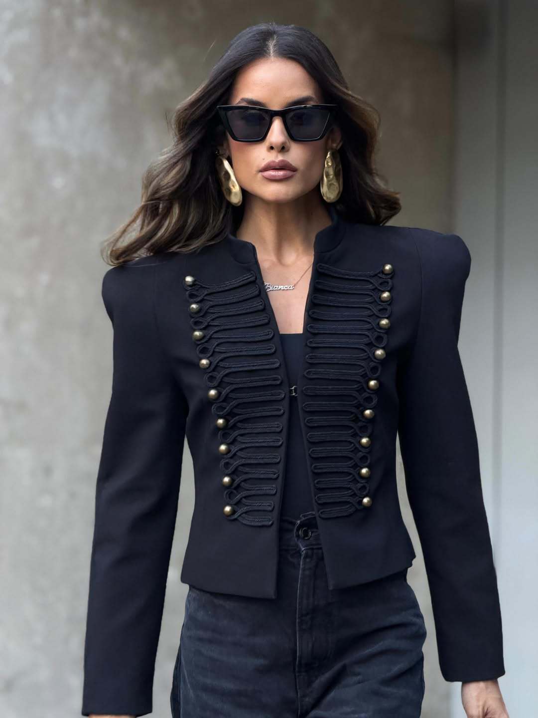 Main product image of Cropped Jacket, Military Style, Stand Collar, Gold Stud, Braided