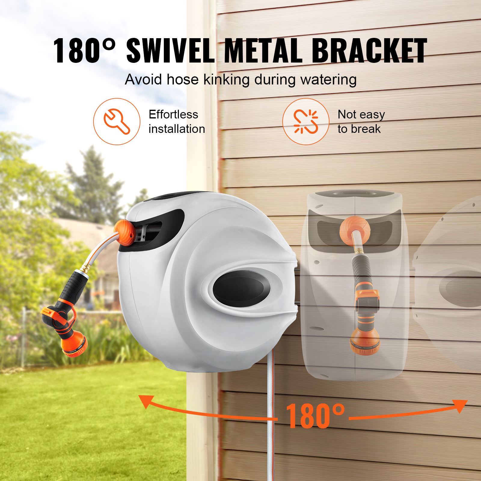 VEVOR Retractable Hose Reel Water Hose Reel Swivel Wall-Mounted,Garden Water Hose Reel With 9-Pattern Nozzle,Automatic Rewind, Lock At Any Length, With Slow Return System
