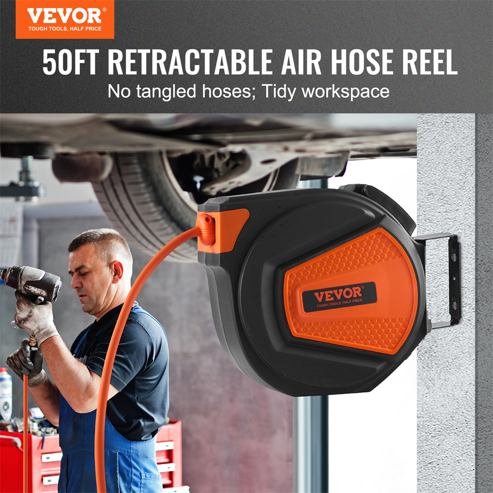 VEVOR Retractable Air Hose Reel, 3 8 IN X 50 FT Hybrid Air Hose Max 300PSI, Air Compressor Hose Reel With 5 Ft Lead In, Ceiling  Wall Mount Enclosed Air Reel, 180 Swivel Mount