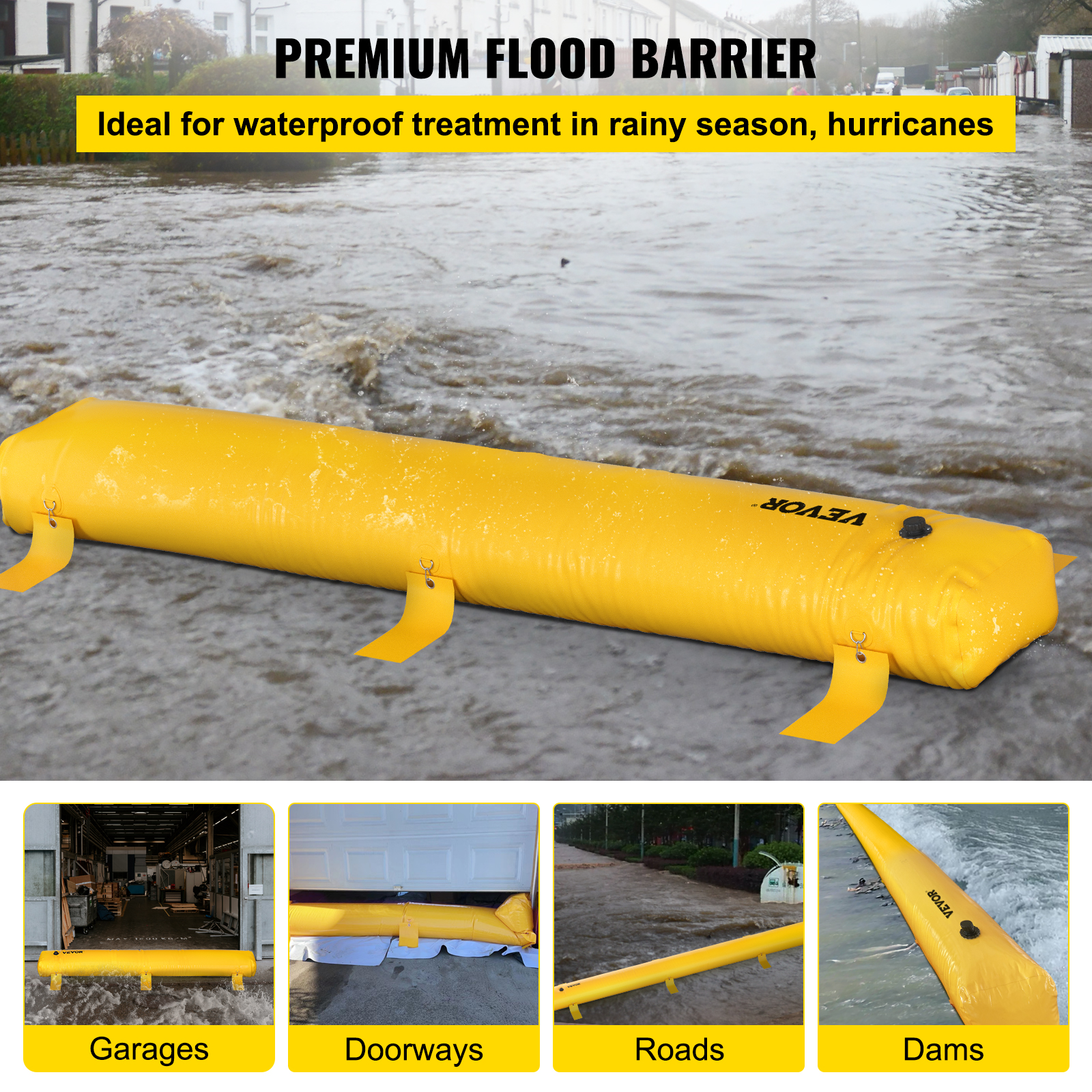 VEVOR Flood Barrier, 12 Ft Length X 12 In Height Sandbag Alternative, Water Barrier For Flooding With Great Waterproof Effect, Reusable PVC Water Diversion Tubes, Flood Barriers For Home, Door, Garage