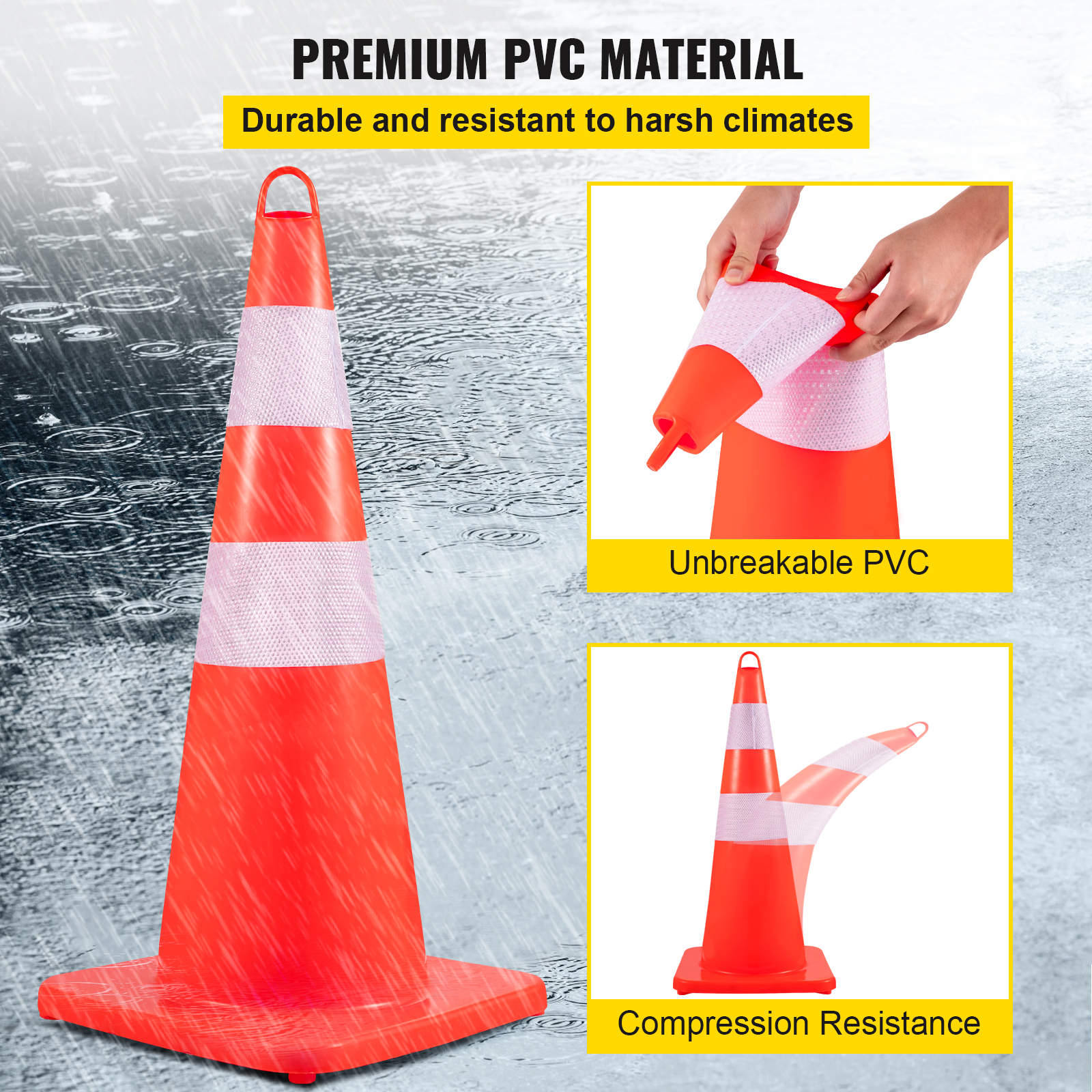 VEVOR Safety Cones,  Traffic Cones, PVC Orange Construction Cones, 2 Reflective Collars Traffic Cones With Weighted Base And Hand-Held Ring Used For Traffic Control, Driveway Road Parking