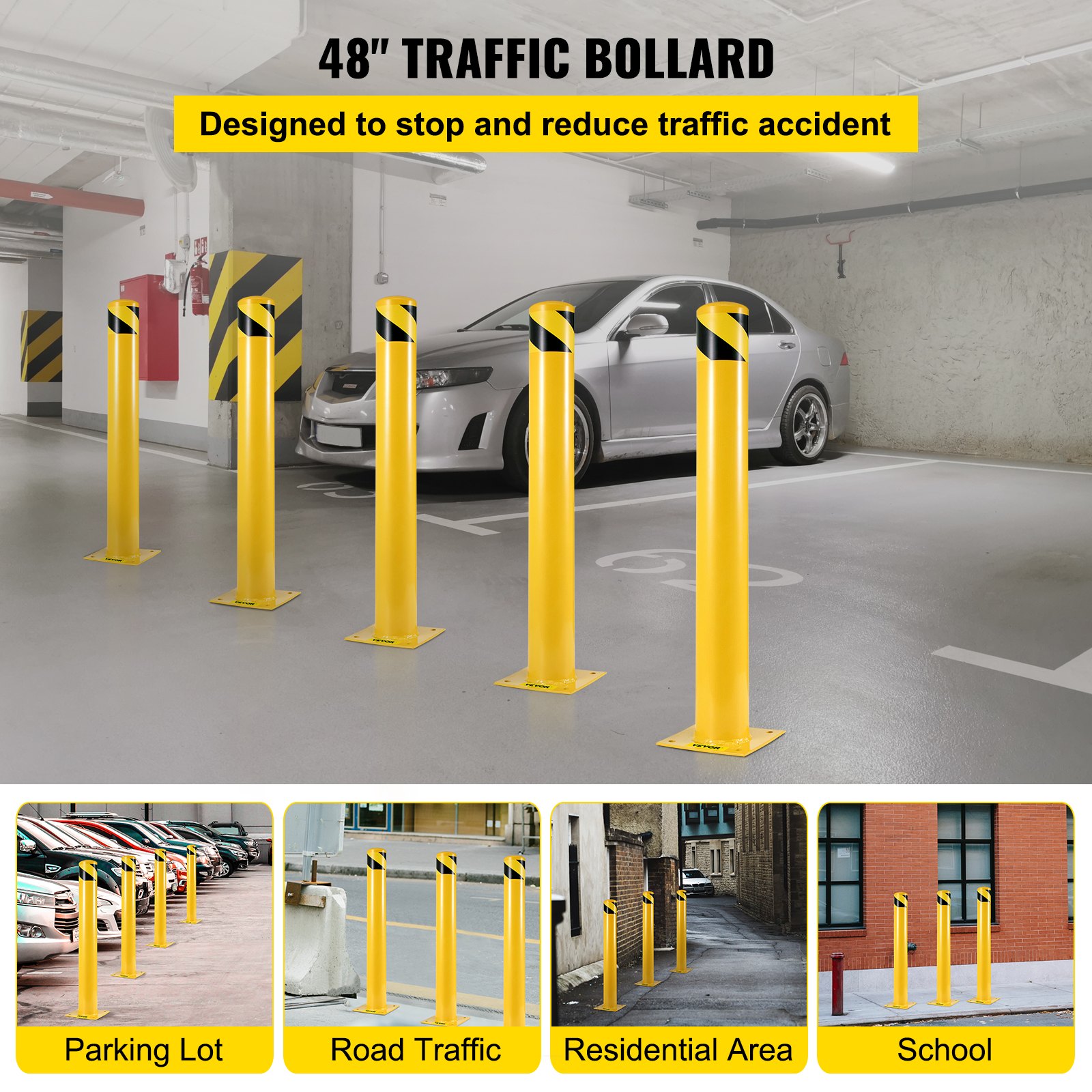 VEVOR Safety Bollard Safety Barrier Bollard Height Yellow Powder Coat Pipe Steel Safety Barrier With 4 Free Anchor Bolts For Traffic-Sensitive Area