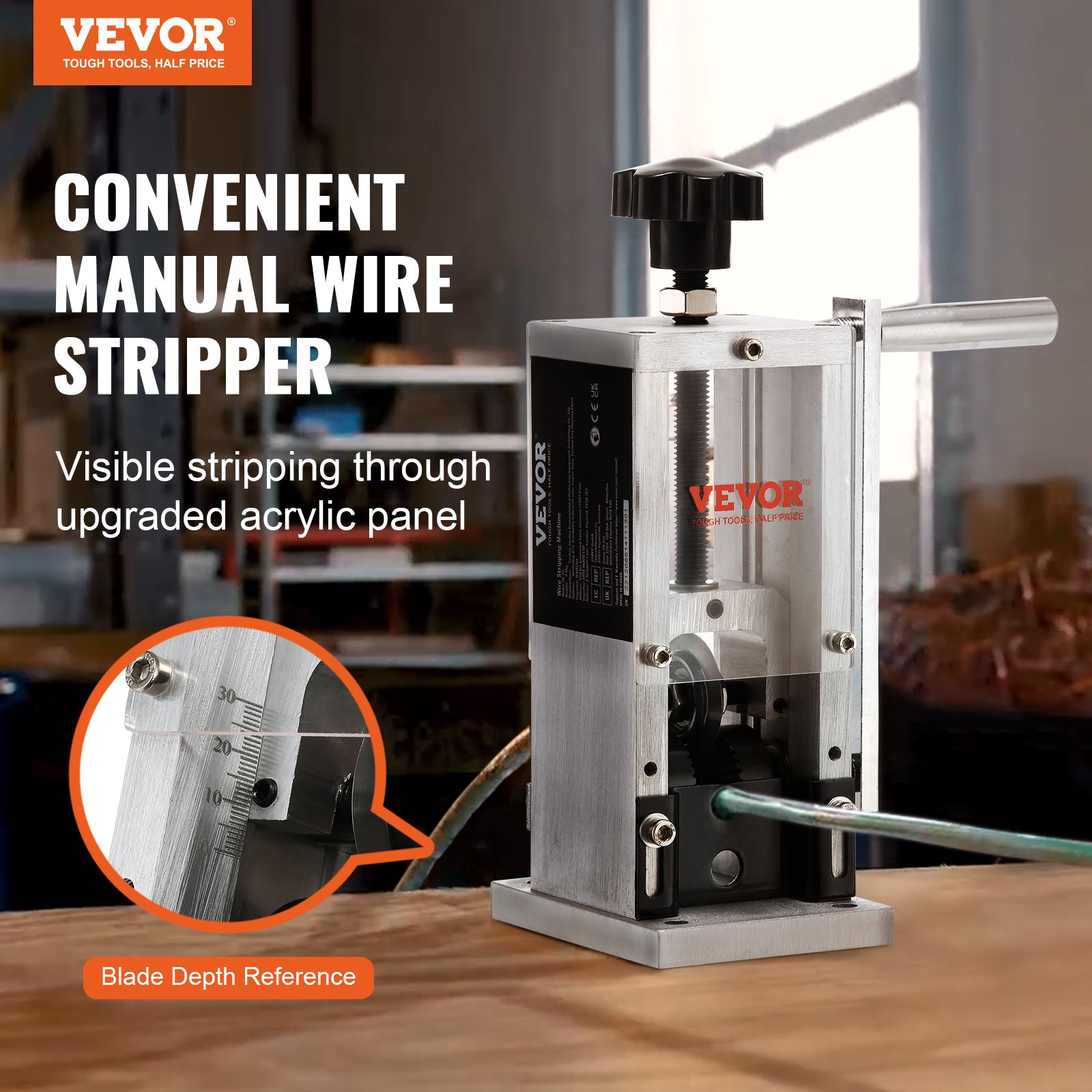 Main product image of VEVOR Manual Wire Stripping Machine, Copper Stripper With Hand Crank Or Drill Powered, Visible Stripping Depth Reference, Portable Aluminum Frame Wire Peeler For Scrap Copper Recycling
