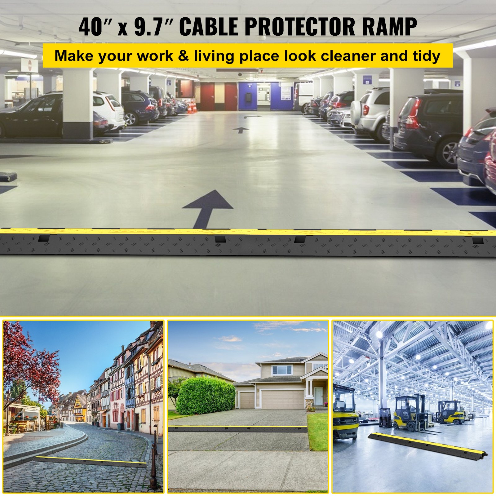 VEVOR Cable Protector Ramp, 5 Packs 2 Channels Speed Bump Hump, Rubber Modular Speed Bump Rated 11000 LBS Load Capacity, Protective Wire Cord Ramp Driveway Rubber Traffic Speed Bumps Cable Protector