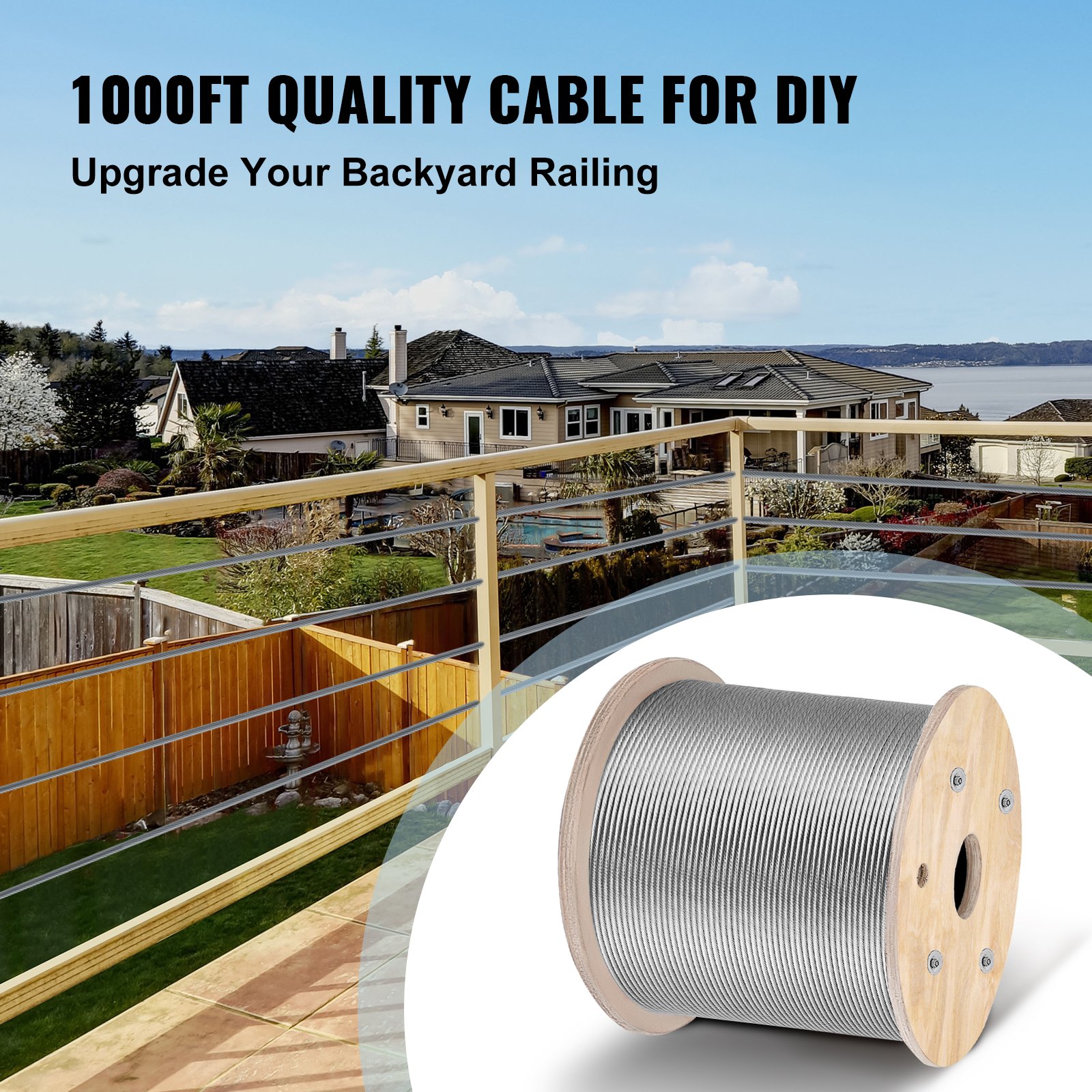 VEVOR T316 Stainless Steel Cable, Braided Wire Rope With 1x19 Strands Construction, 2100 Lbs Breaking Strength, For Deck Railing Stair Handrail Balusters Porch Fence