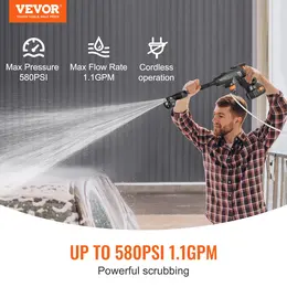VEVOR Cordless Pressure Washer, 580-PSI 1.1 GPM Portable Power Cleaner, Handheld High-Pressure Car Washer Gun With 4.0Ah Battery, Charger, 6-in-1 Nozzle, For Home Floor Cleaning & Watering