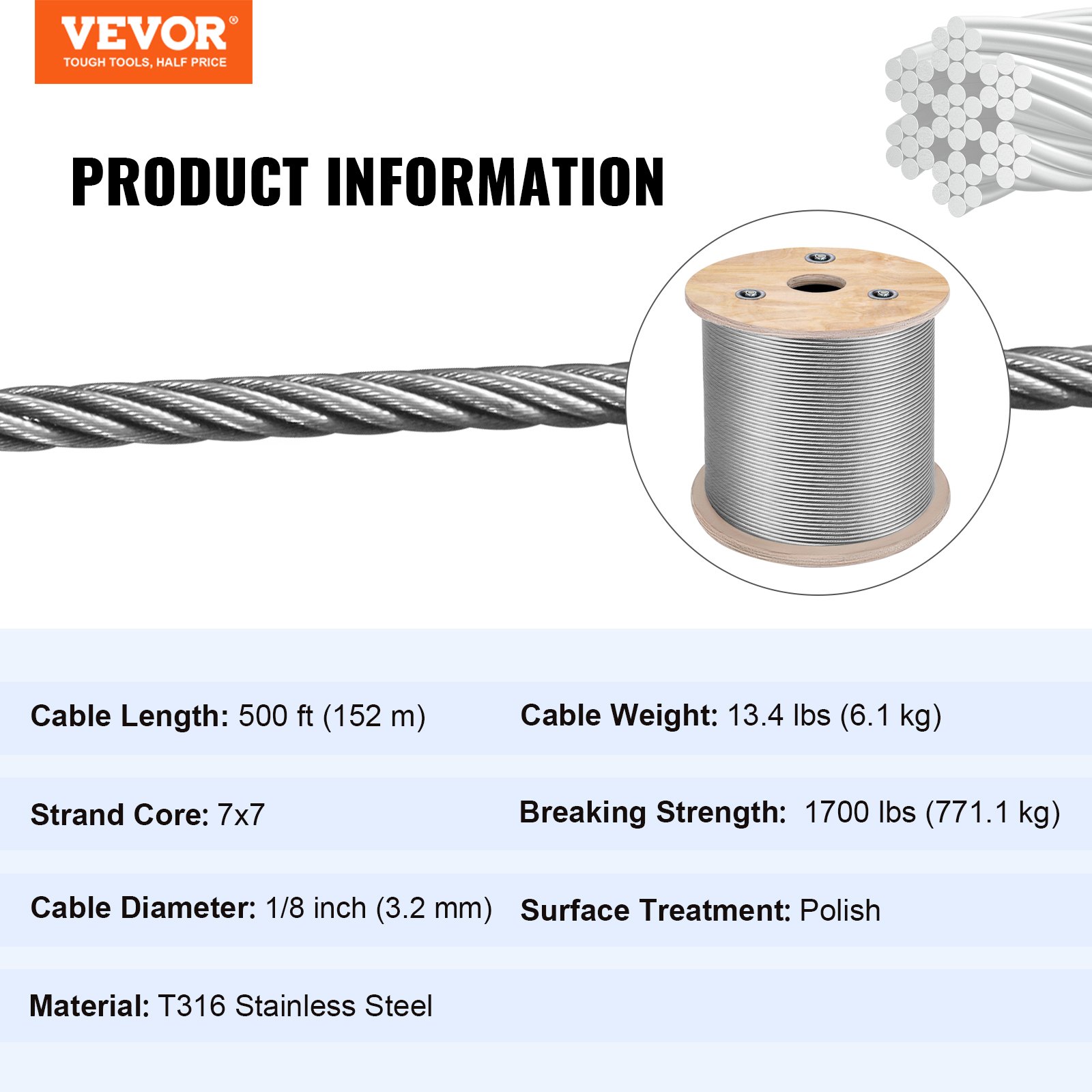 VEVOR Stainless Steel Cable Railing 500ft, Wire Rope 316 Marine Grade, Braided Cable 7x7 Strands Construction For Deck Rail Balusters Stair Handrail Porch Fence
