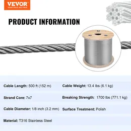 VEVOR Stainless Steel Cable Railing 500ft, Wire Rope 316 Marine Grade, Braided Cable 7x7 Strands Construction For Deck Rail Balusters Stair Handrail Porch Fence